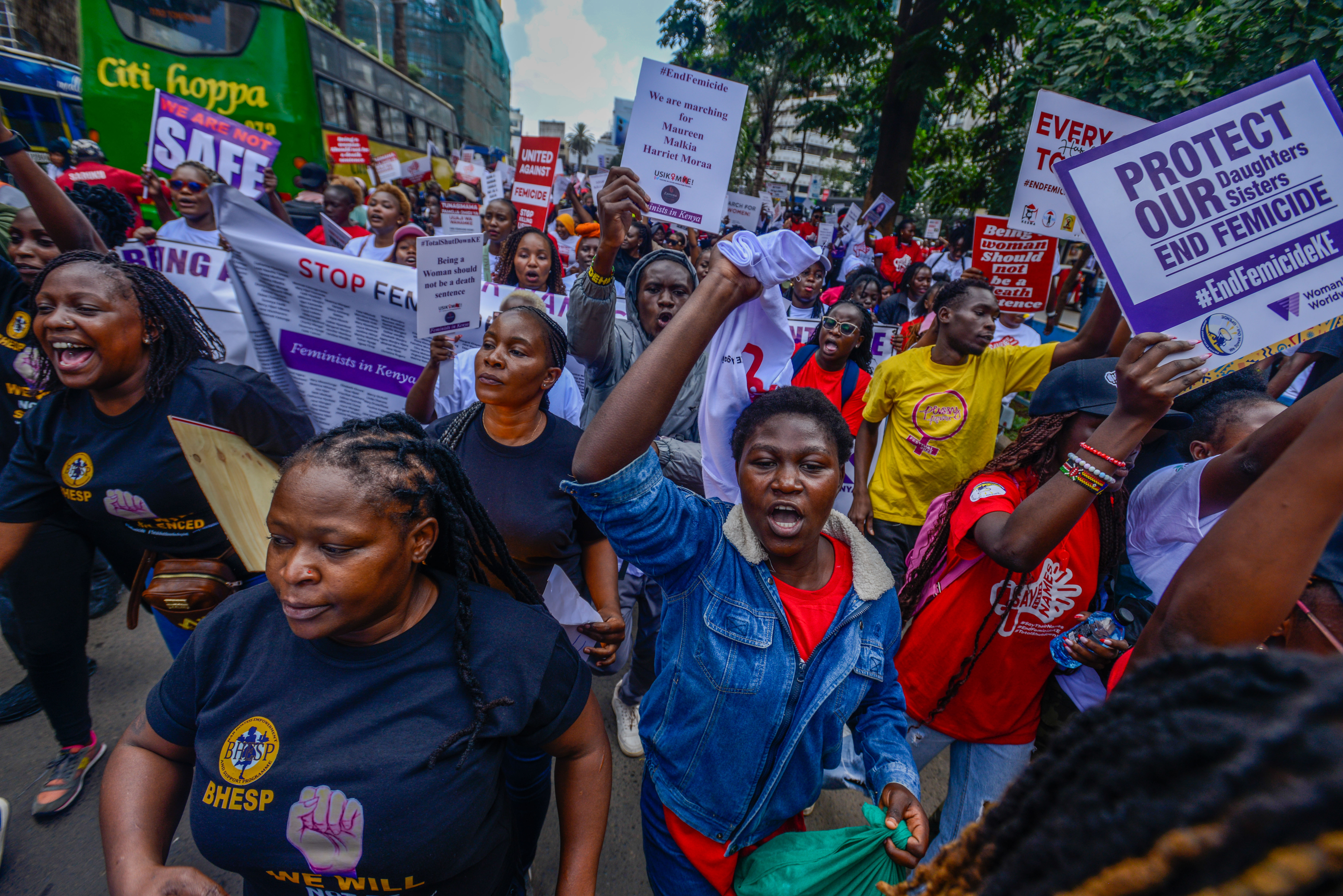 People gather to stage a protest against increasing violence against women in the country as they march to the parliamentary building and supreme court in Nairobi, Kenya on January 27