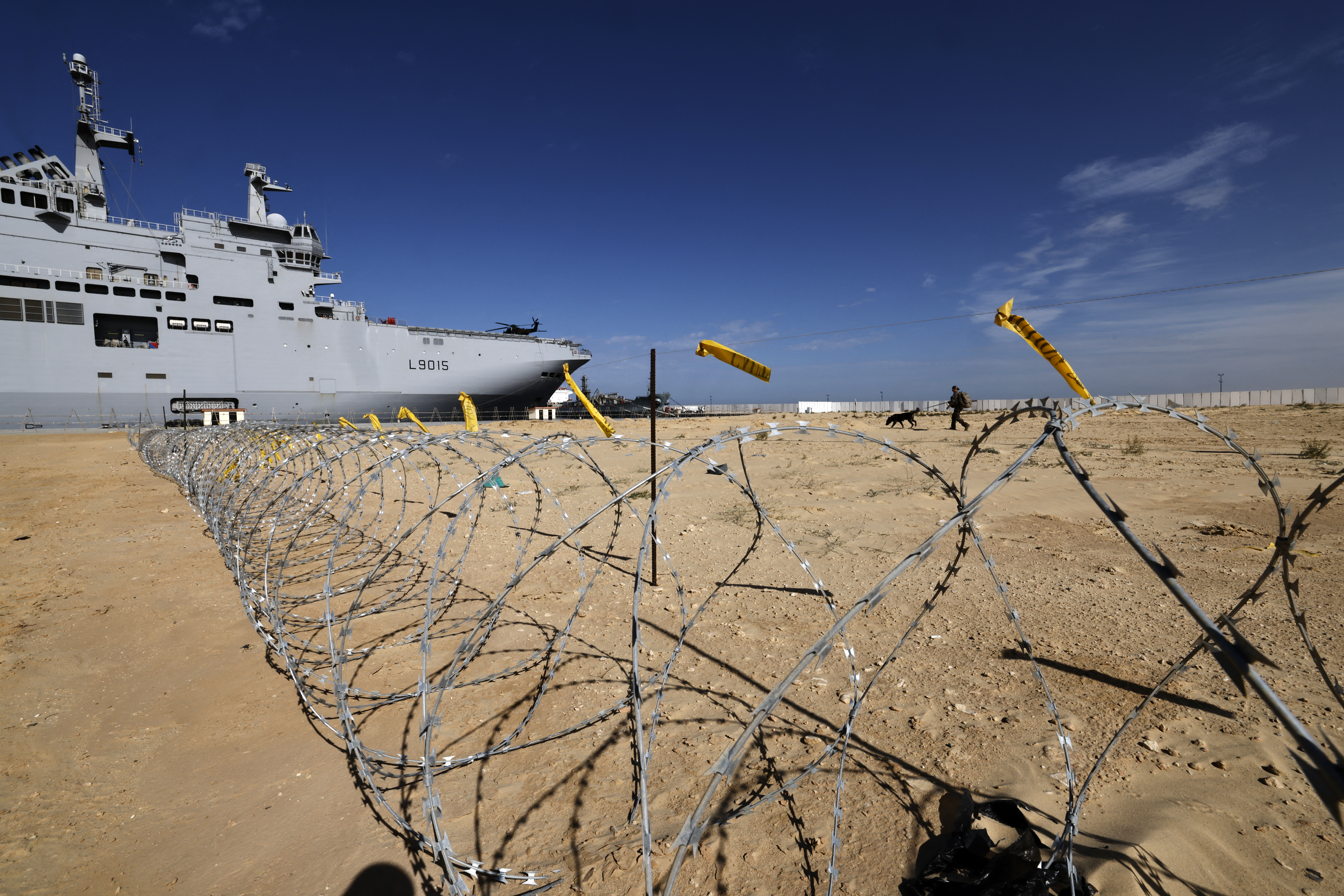 This photographe taken on January 21, 2024 shows a view of the French LHD Dixmude military ship, which serves as a hospital to treat wounded Palestinians, as it docks at the Egyptian port of Al-Arish