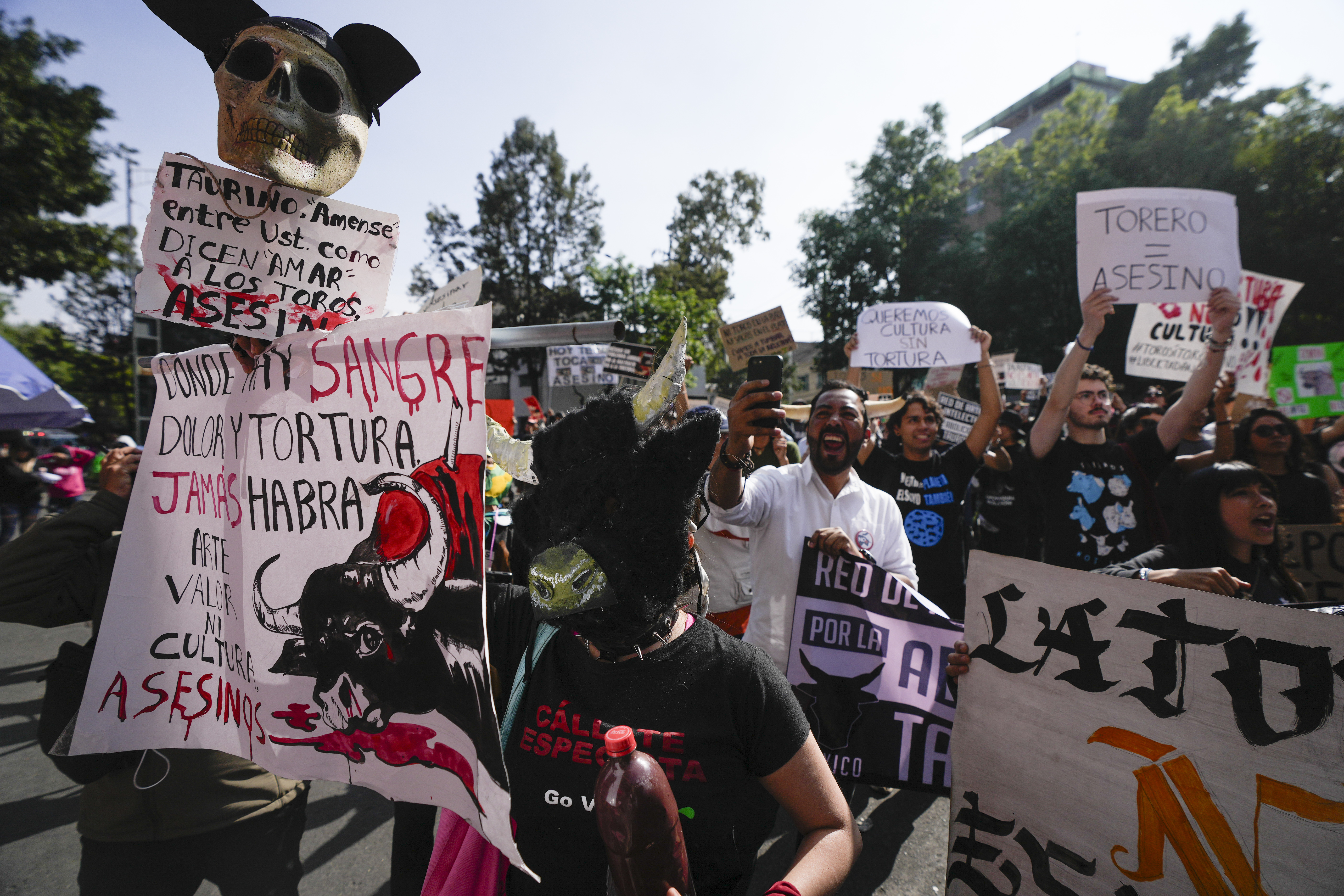 Animal activists protest against the return of bullfighting at the Plaza Mexico