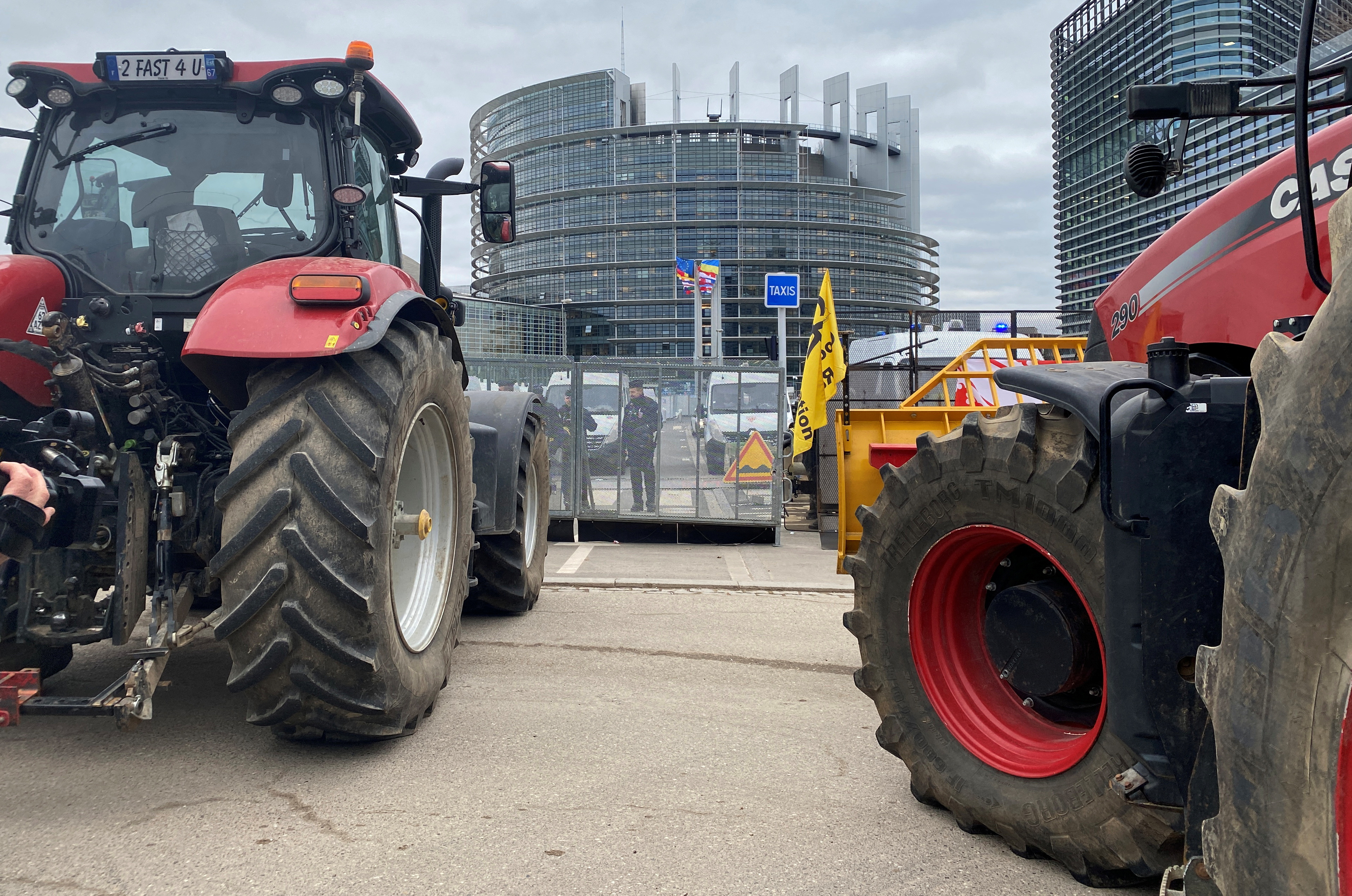 Farmers protest with their tractors outside the European Parliament in Strasbourg, France, February 6, 2024. REUTERS/Kate Abnett