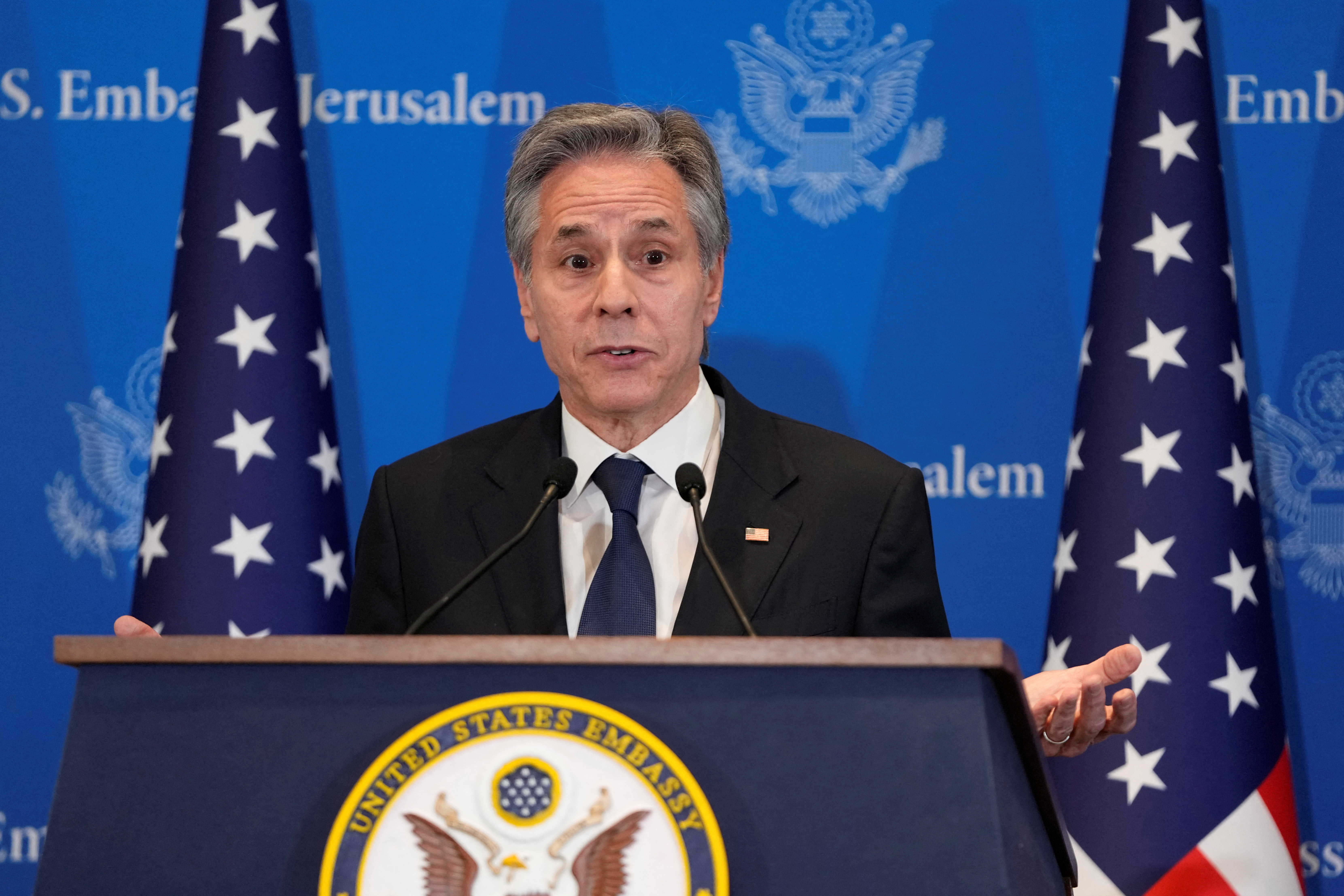 US Secretary of State Antony Blinken speaks during a press conference in Tel Aviv