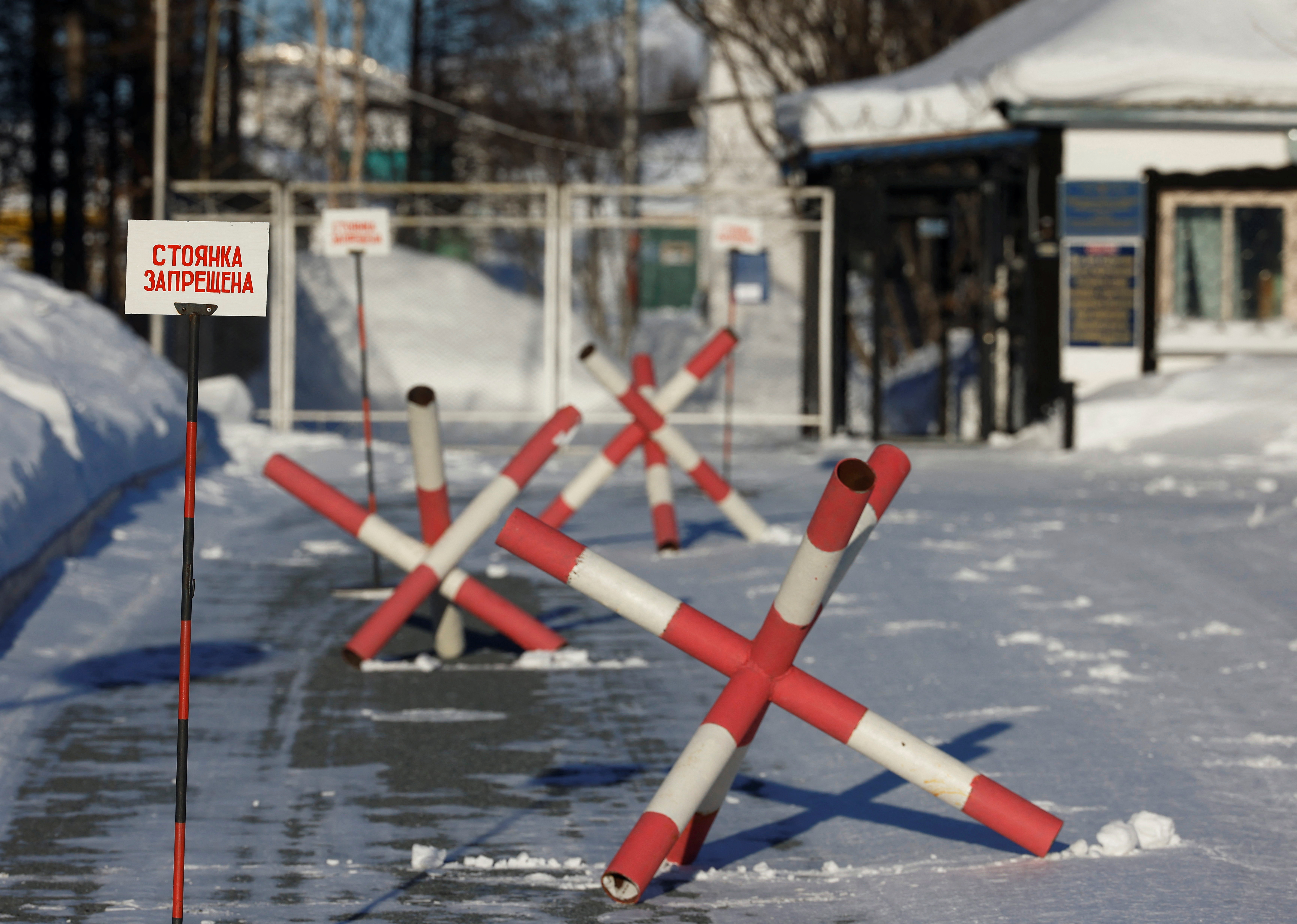 A view shows barriers at the entrance to the IK-3 penal colony, where Russian opposition leader Alexei Navalny served his jail term and where he died the day before, according to prison authorities, in the settlement of Kharp in the Yamal-Nenets Region, Russia February 17