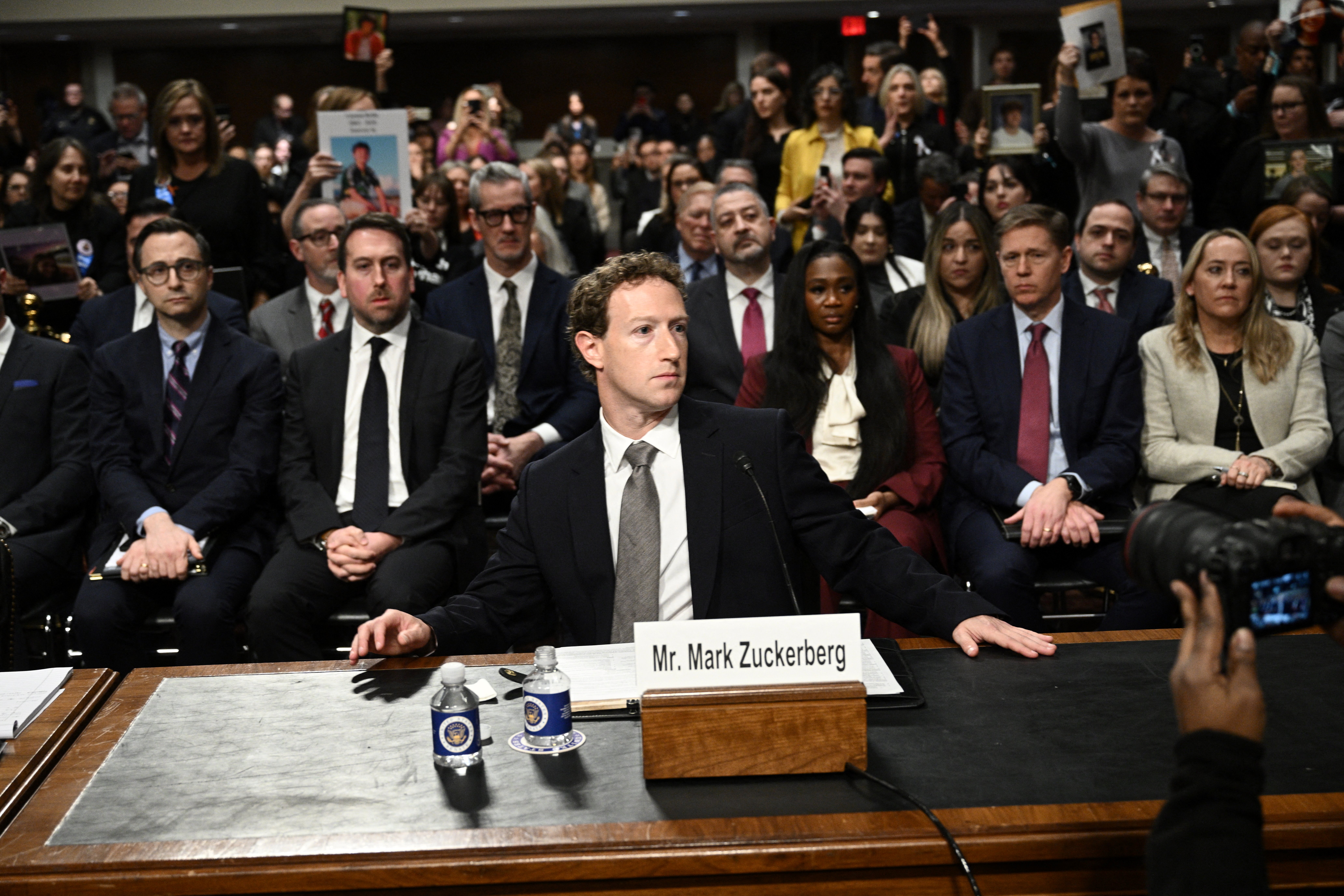 Mark Zuckerberg, CEO of Meta, looks on during the US Senate Judiciary Committee hearing "Big Tech and the Online Child Sexual Exploitation Crisis" in Washington, DC, on January 31