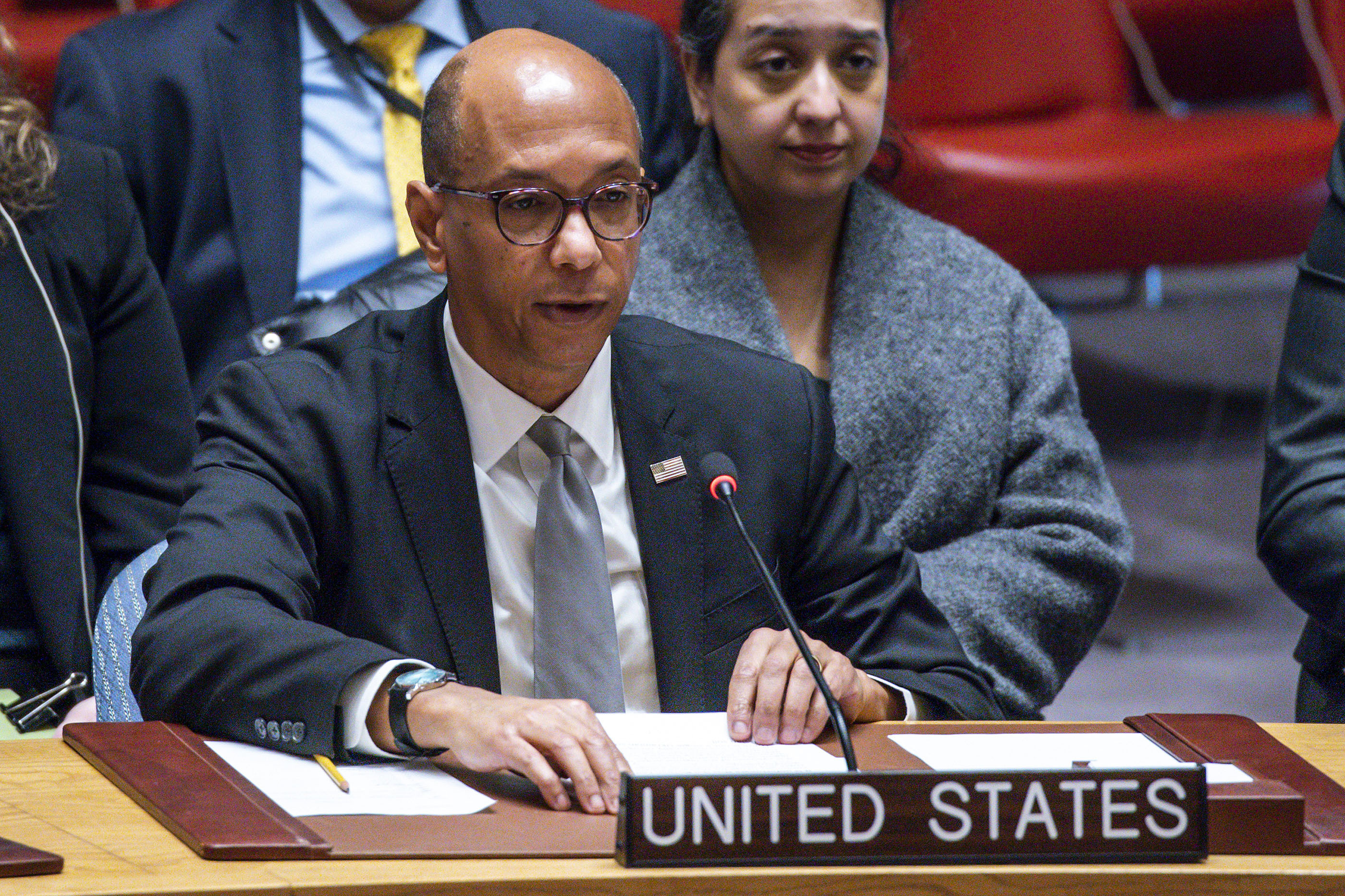 Robert Wood, deputy permanent representative of the United States to the United Nations, speaks to delegates during a security council meeting at the United Nations Headquarters, Monday, Jan. 22, 2024. (AP Photo/Eduardo Munoz Alvarez)