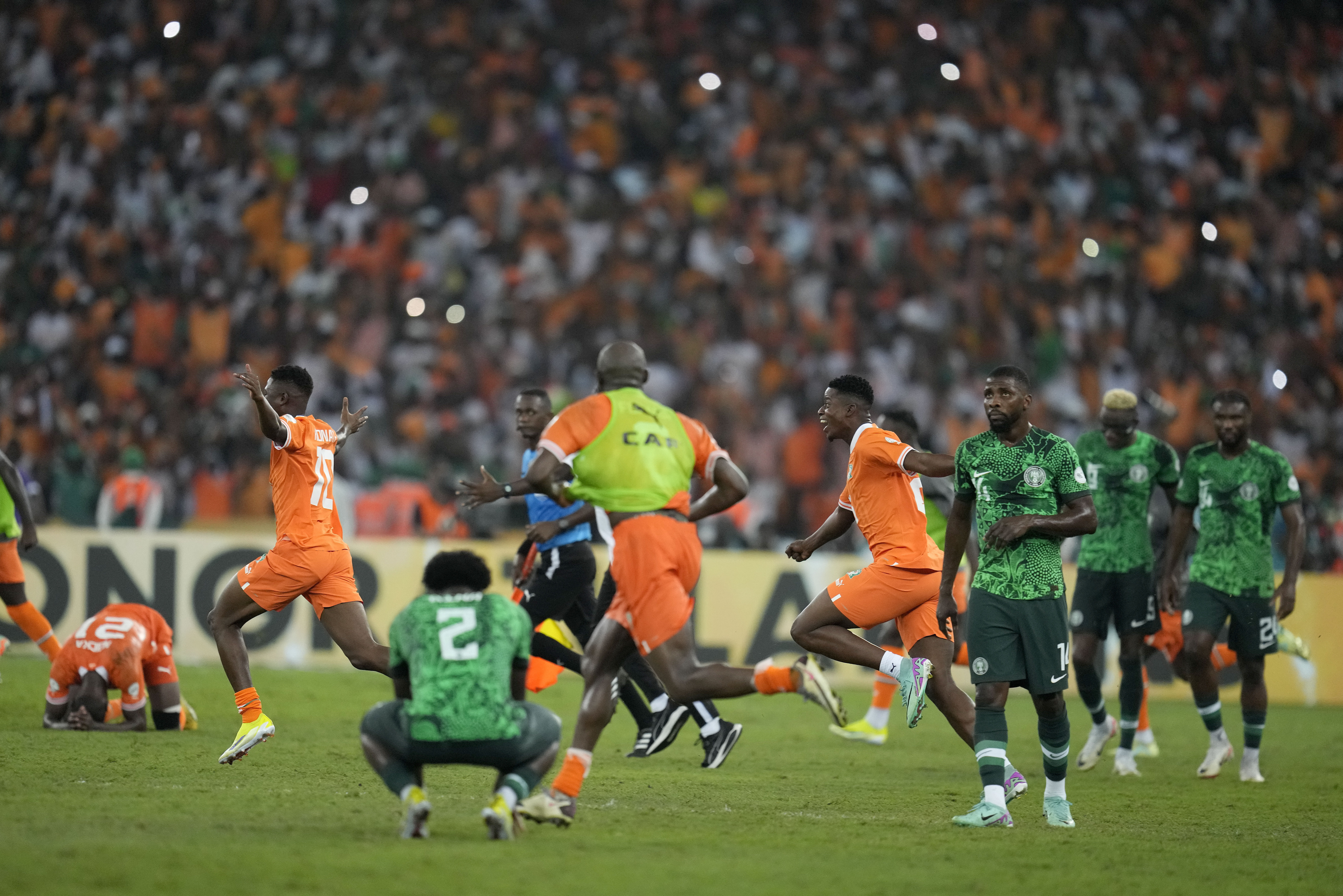Ivory Coast players celebrate after the African Cup of Nations final soccer match between Ivory Nigeria and Coast, at the Olympic Stadium of Ebimpe in Abidjan, Ivory Coast, Sunday, Feb. 11, 2024. Ivory Coast won the match 2-1. (AP Photo/Themba Hadebe)