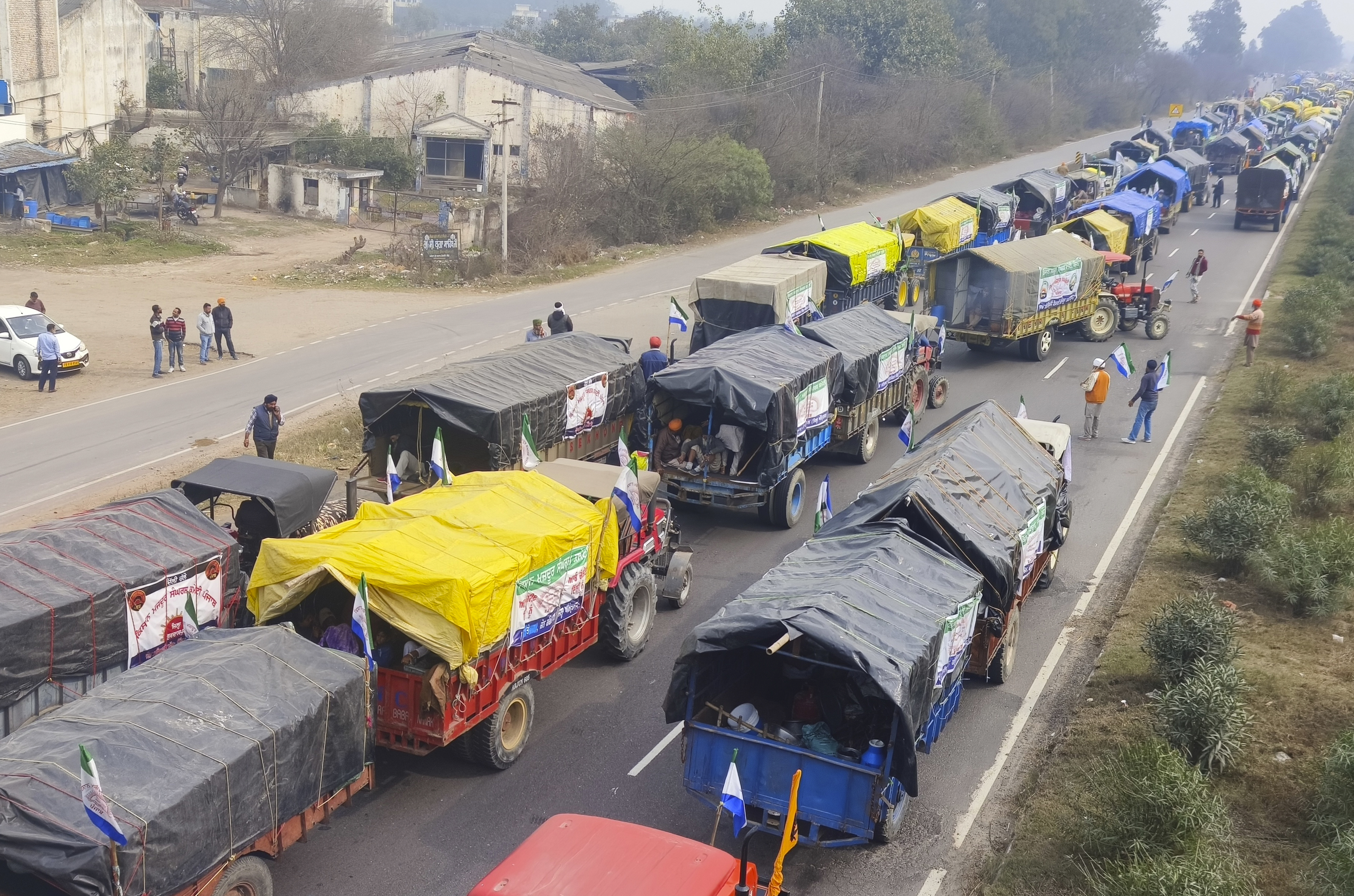 Farmers marching to New Delhi gather near the Punjab-Haryana border at Shambhu, India