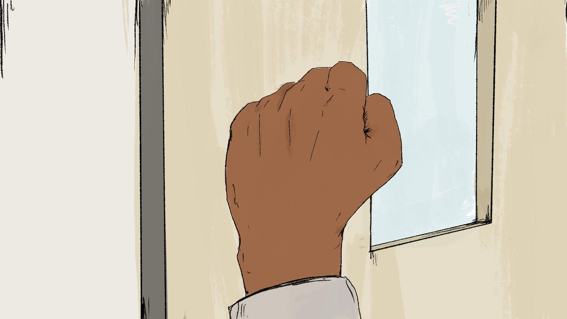 An illustration of a person who is a prisoner's fist banging on a door.