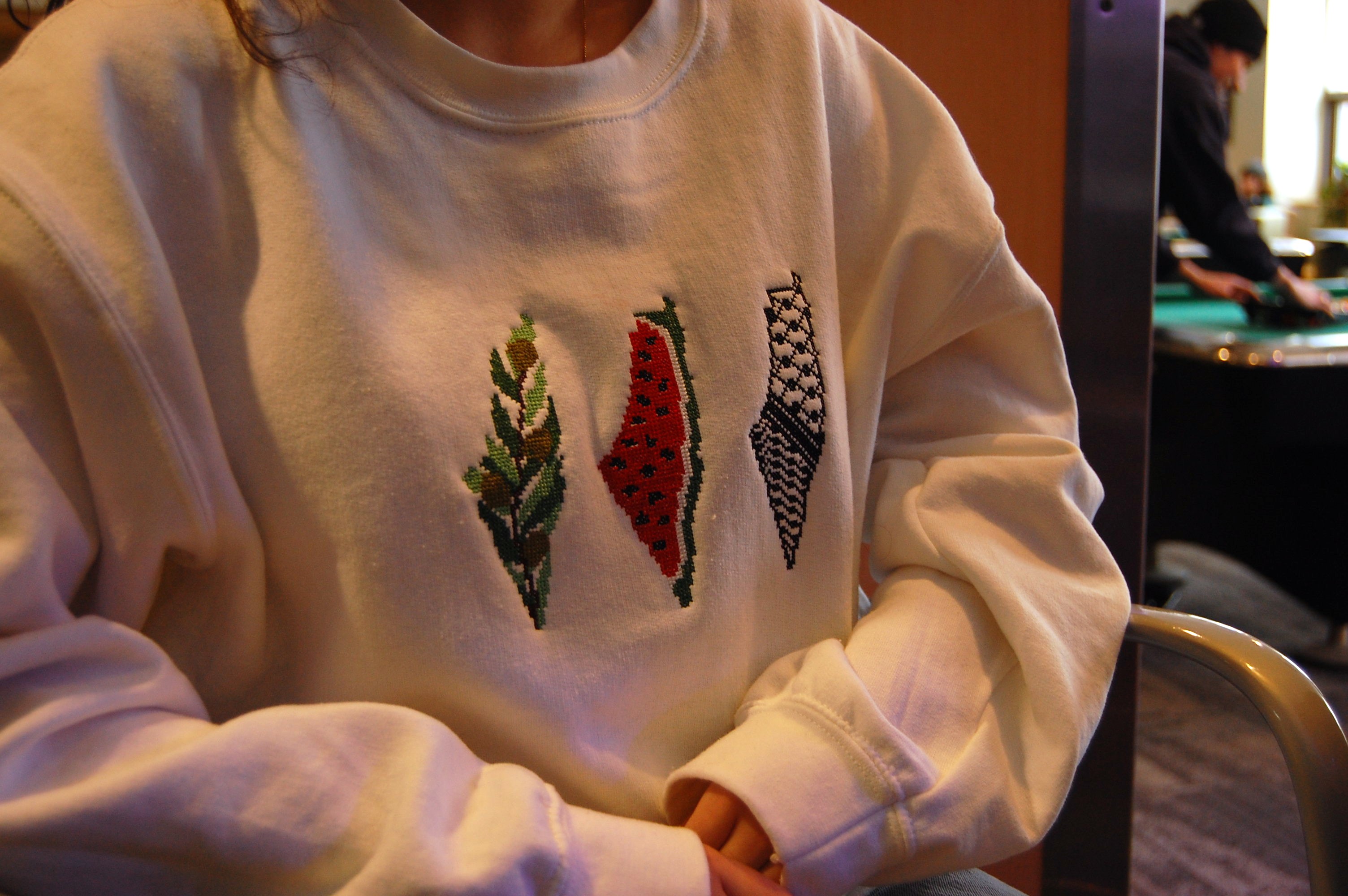 A University of Vermont student wearing a sweatshirt featuring three maps of historic Palestine on the front
