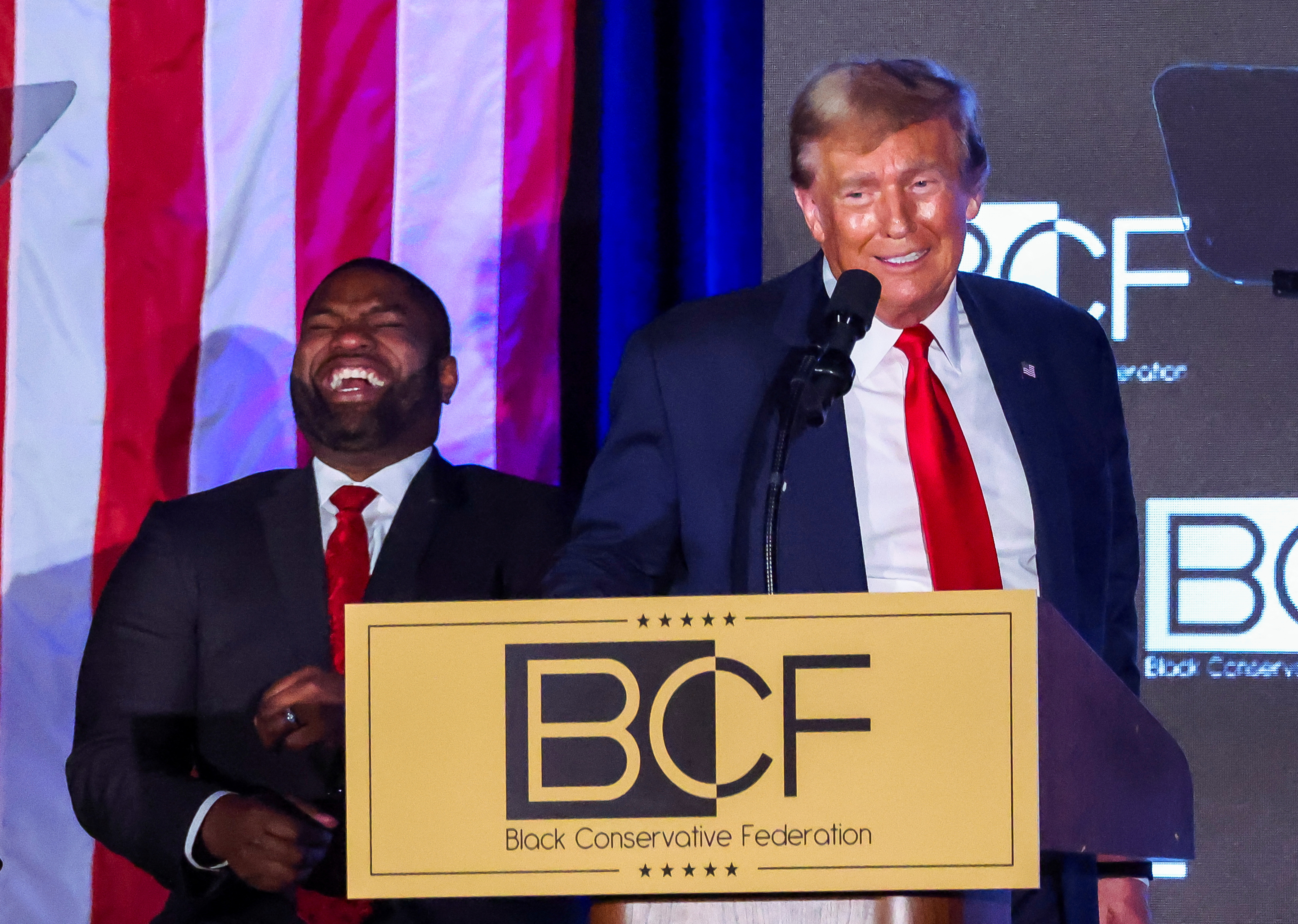 United States Congressman Byron Donalds (R-FL) reacts as Republican presidential candidate and former U.S. President Donald Trump delivers a keynote speech at the Black Conservative Federation gala dinner, ahead of the South Carolina Republican presidential primary in Columbia, South Carolina, US [File: Alyssa Pointer/Reuters]