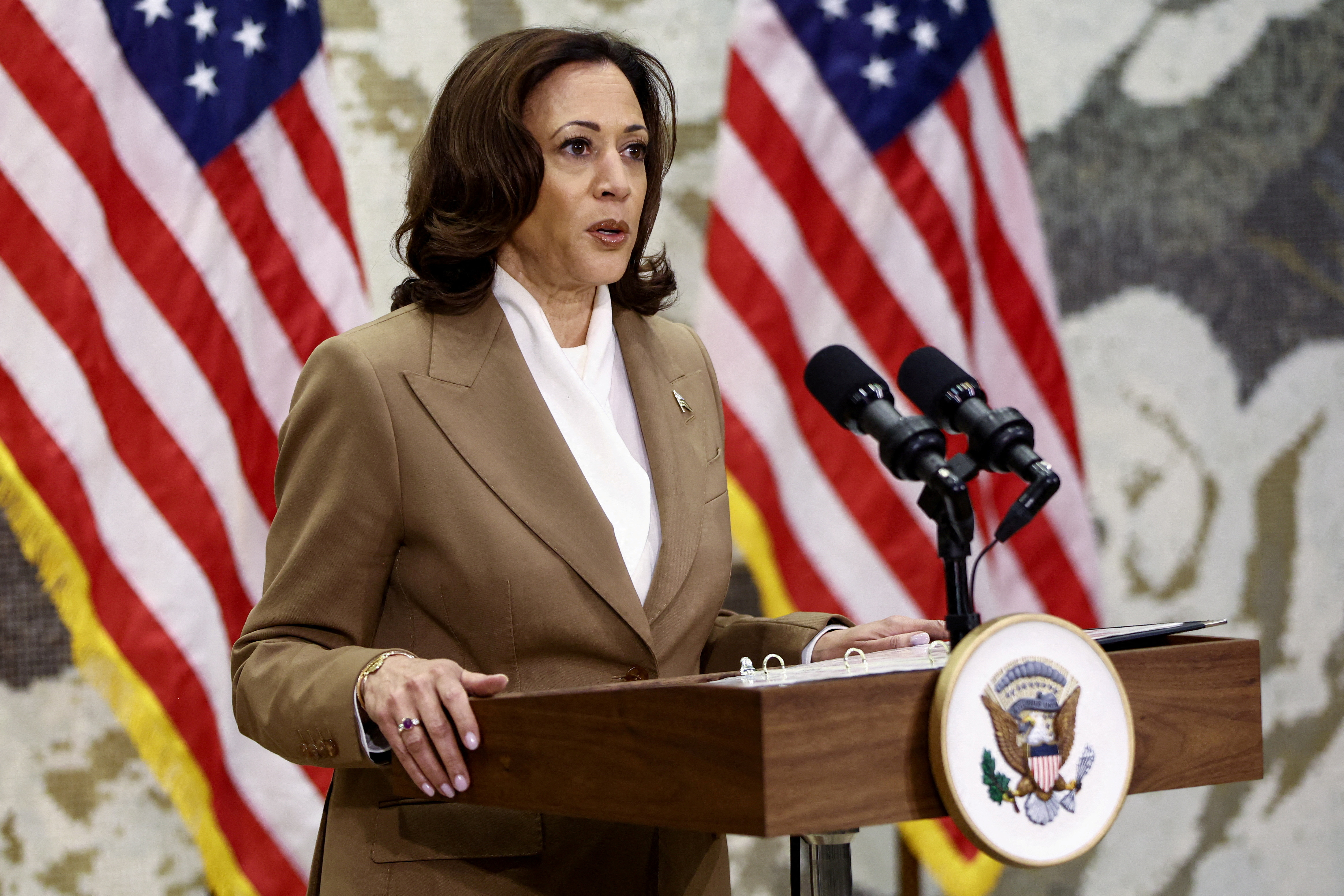 US Vice President Kamala Harris speaks at a podium