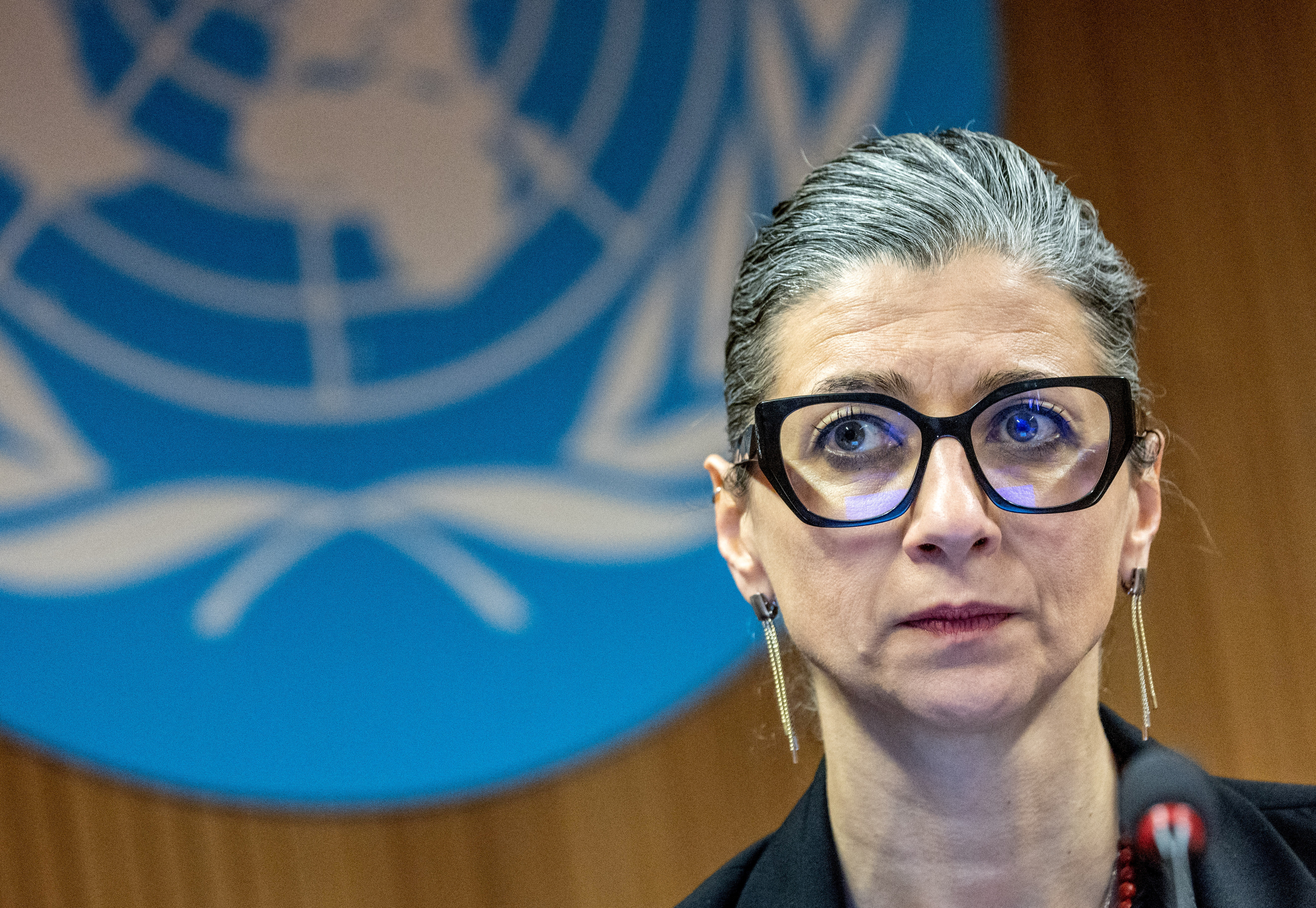 Francesca Albanese, UN special rapporteur on human rights in the Palestinian territories, attends a side event during the Human Rights Council at the United Nations in Geneva, Switzerland.