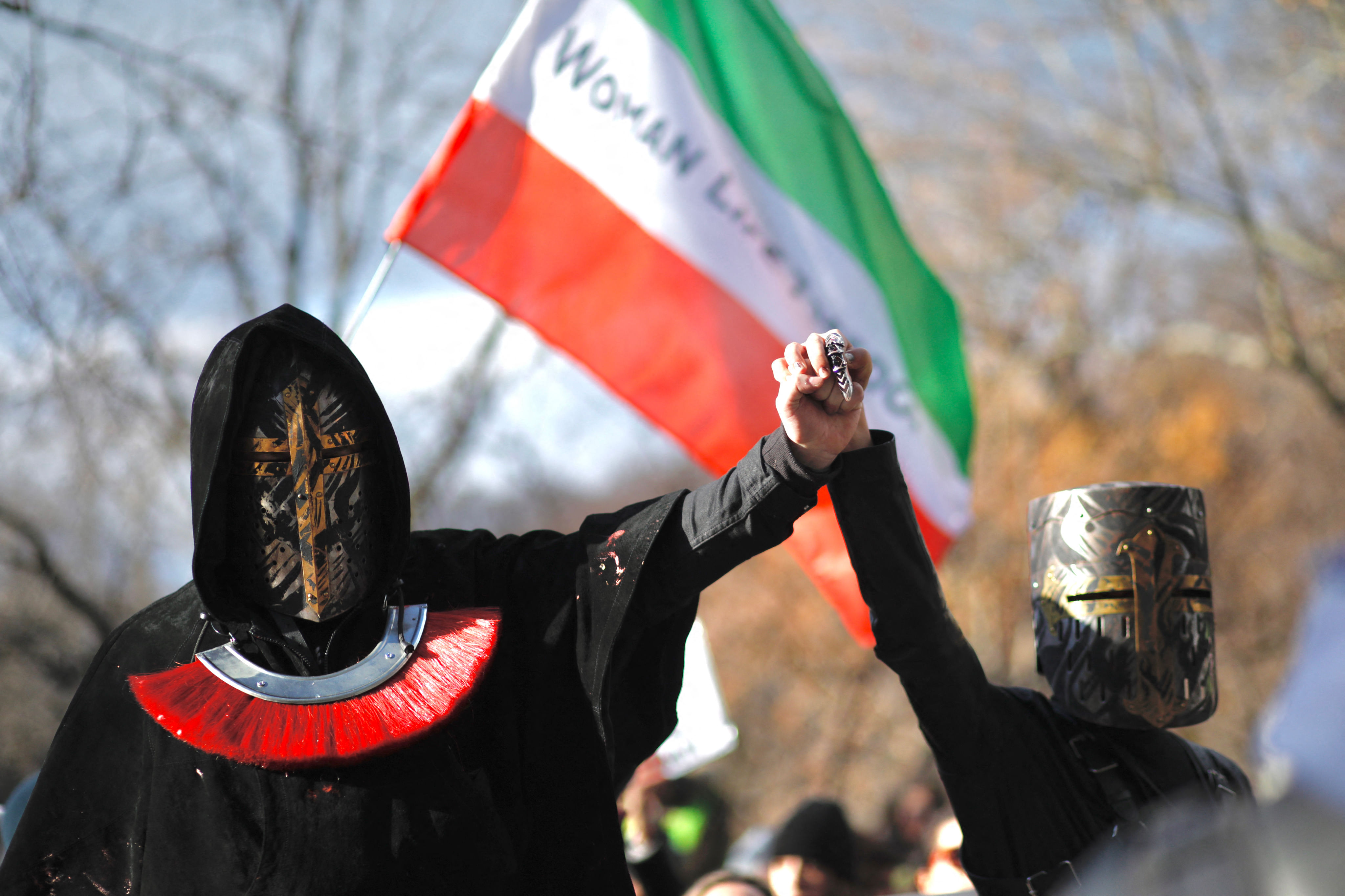 People protest against executions and detentions in front of the Iranian permanent mission to the UN in New York City
