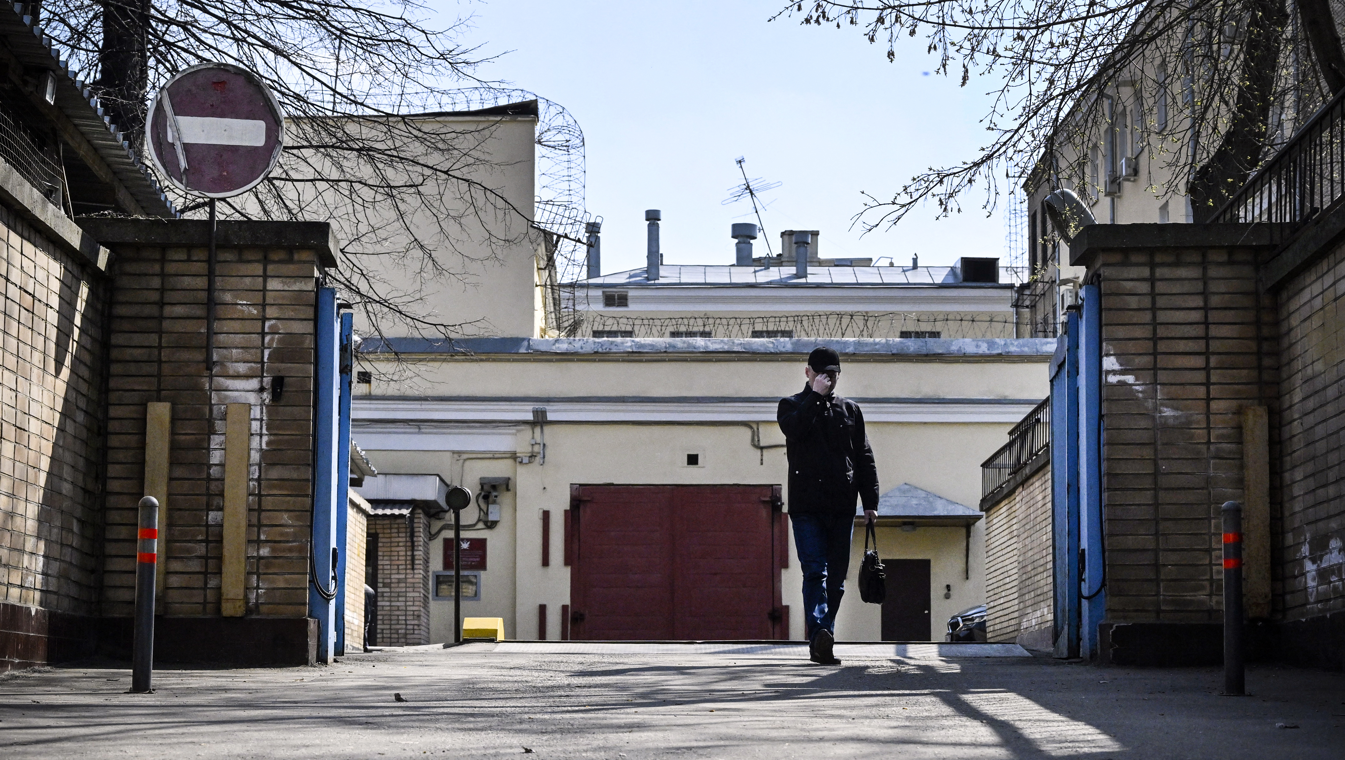 A man outside the entrance to Lefortovo prison in Moscow.