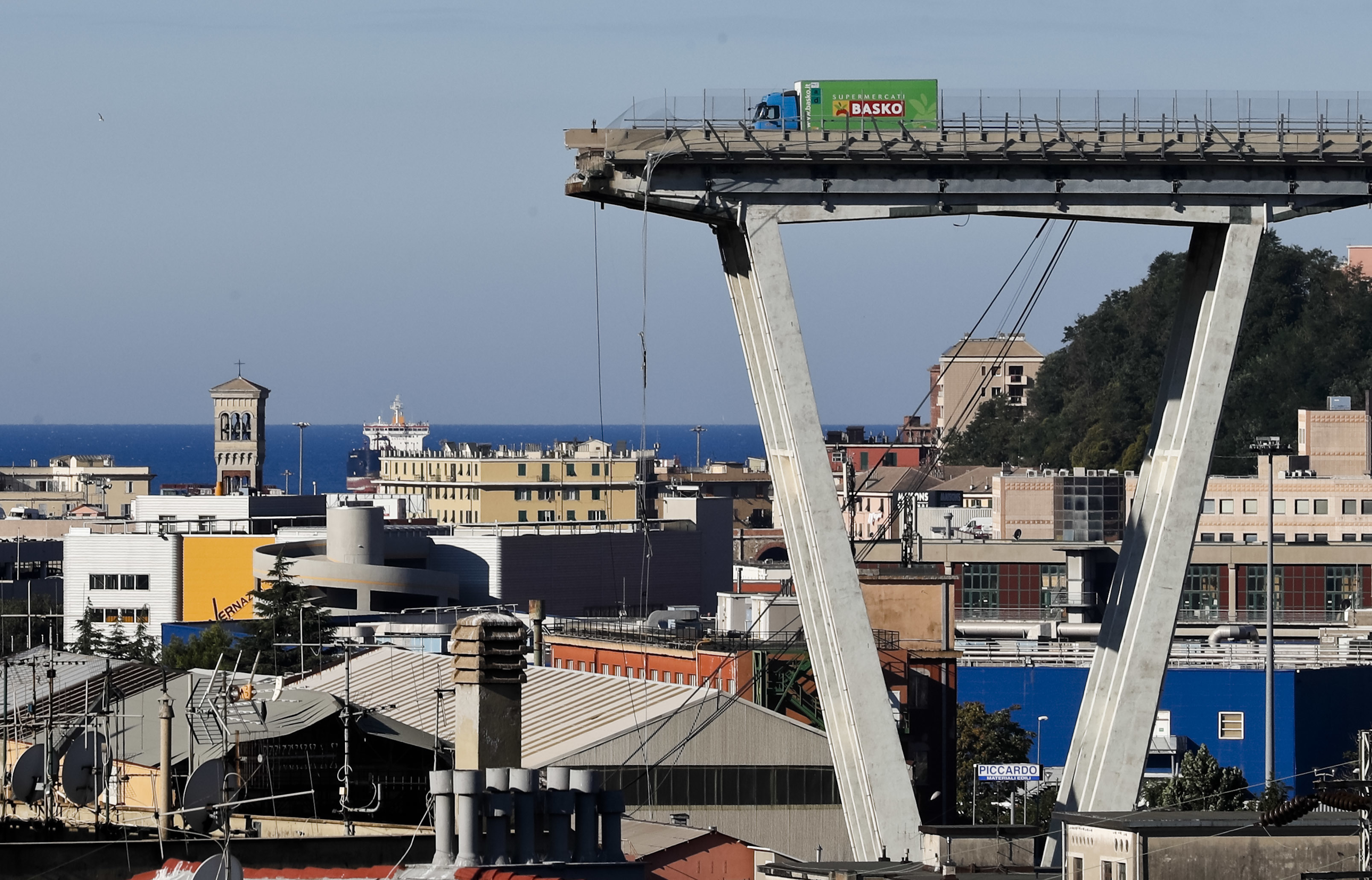 A view of the Morandi highway bridge that collapsed in Genoa, Wednesday, August 15, 2018
