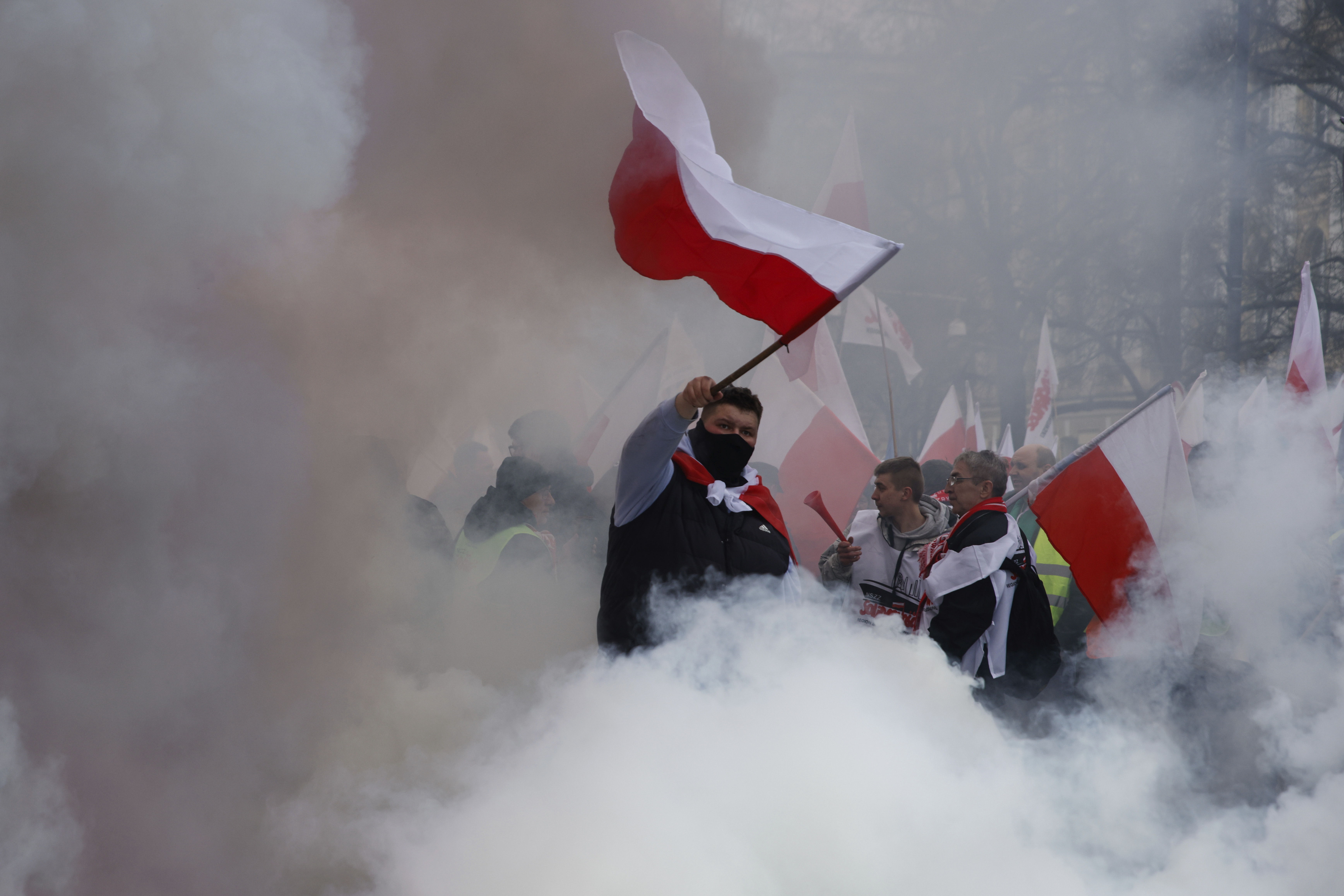 Polish farmers, hunters, and their supporters, hold a protest in Warsaw, Poland, on Wednesday, March 6