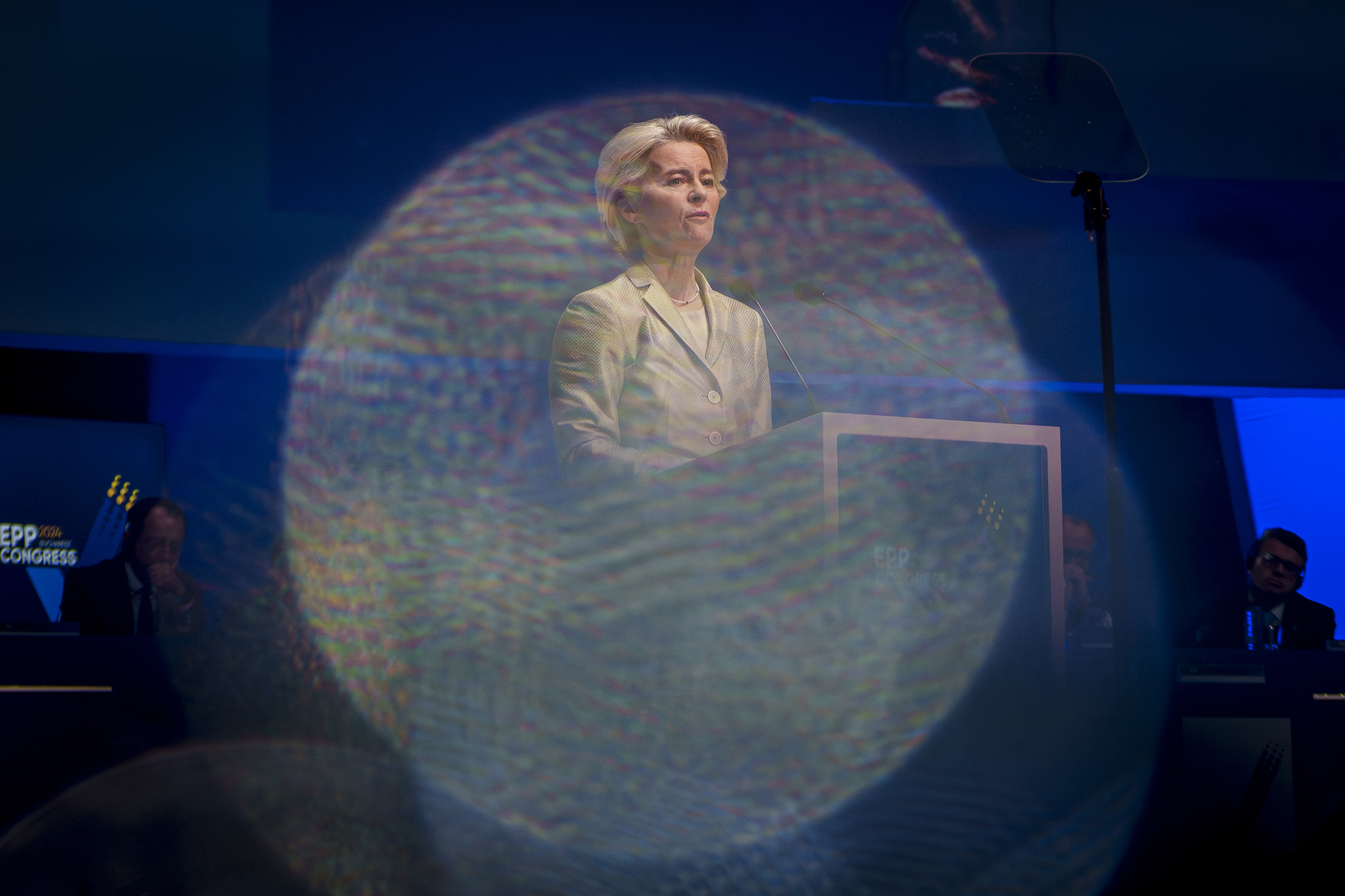 European Commission President Ursula von der Leyen addresses the EPP Congress in Bucharest, Romania, Thursday, March 7