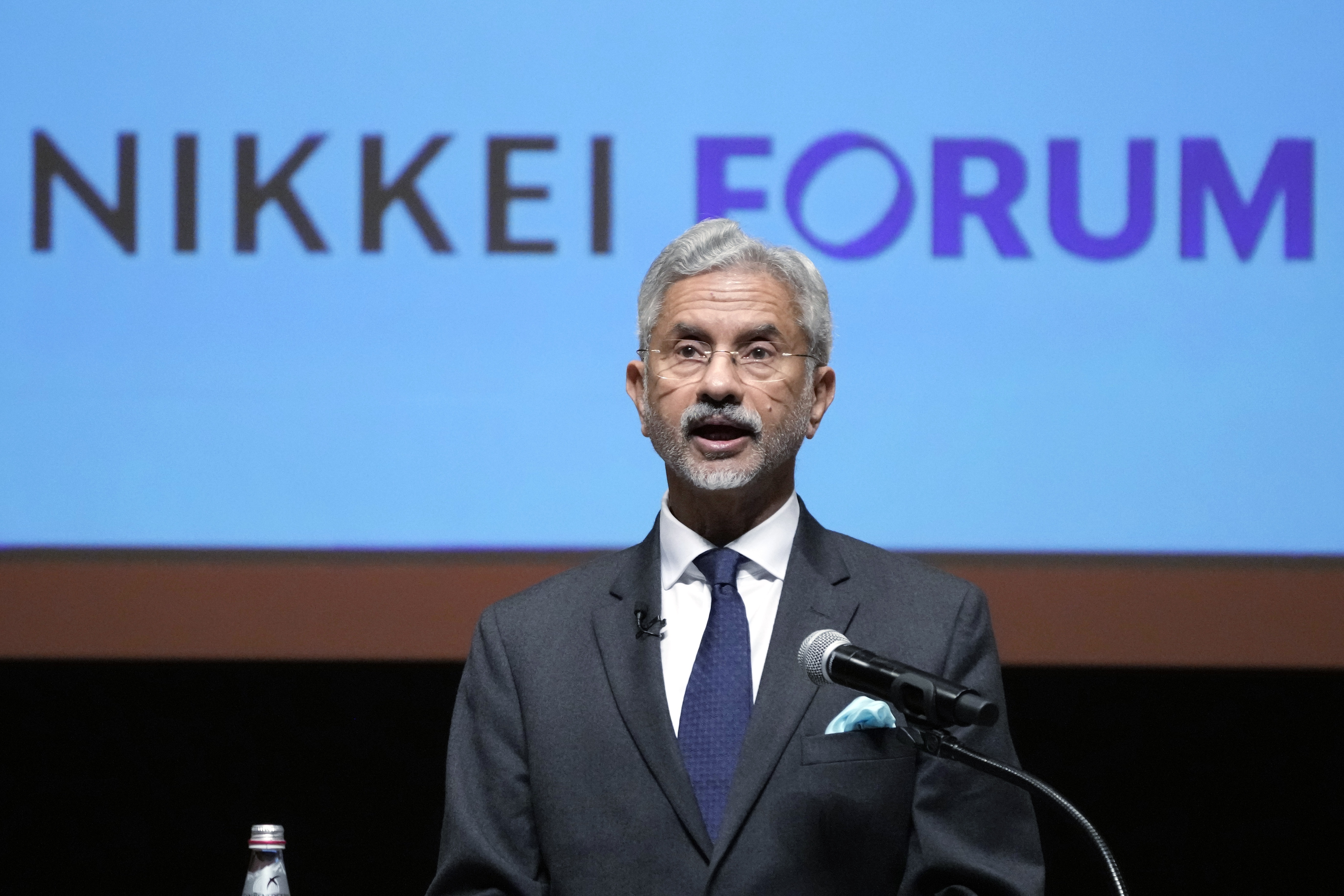 Indian Foreign Minister Subramanyam Jaishankar delivers a speech at commemorative lecture of "Nikkei Forum" Friday, March 8, 2024, in Tokyo. (AP Photo/Eugene Hoshiko)