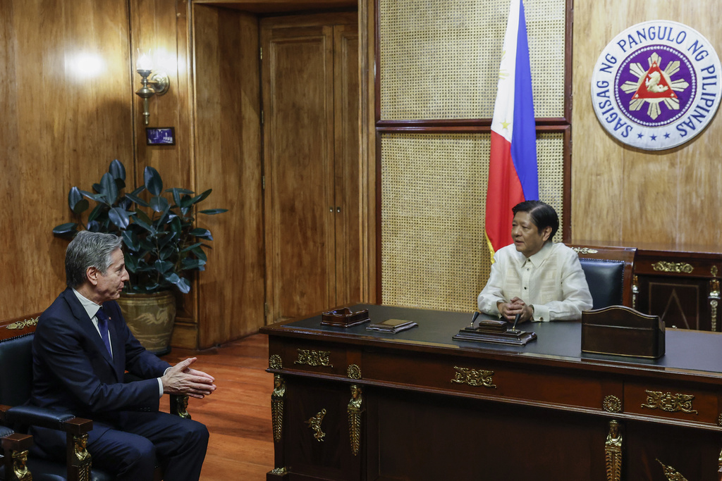 US Secretary of State Antony Blinken, left, attends a meeting with Philippines' President Ferdinand Marcos Jr, at Malacanang Palace in Manila, Philippines