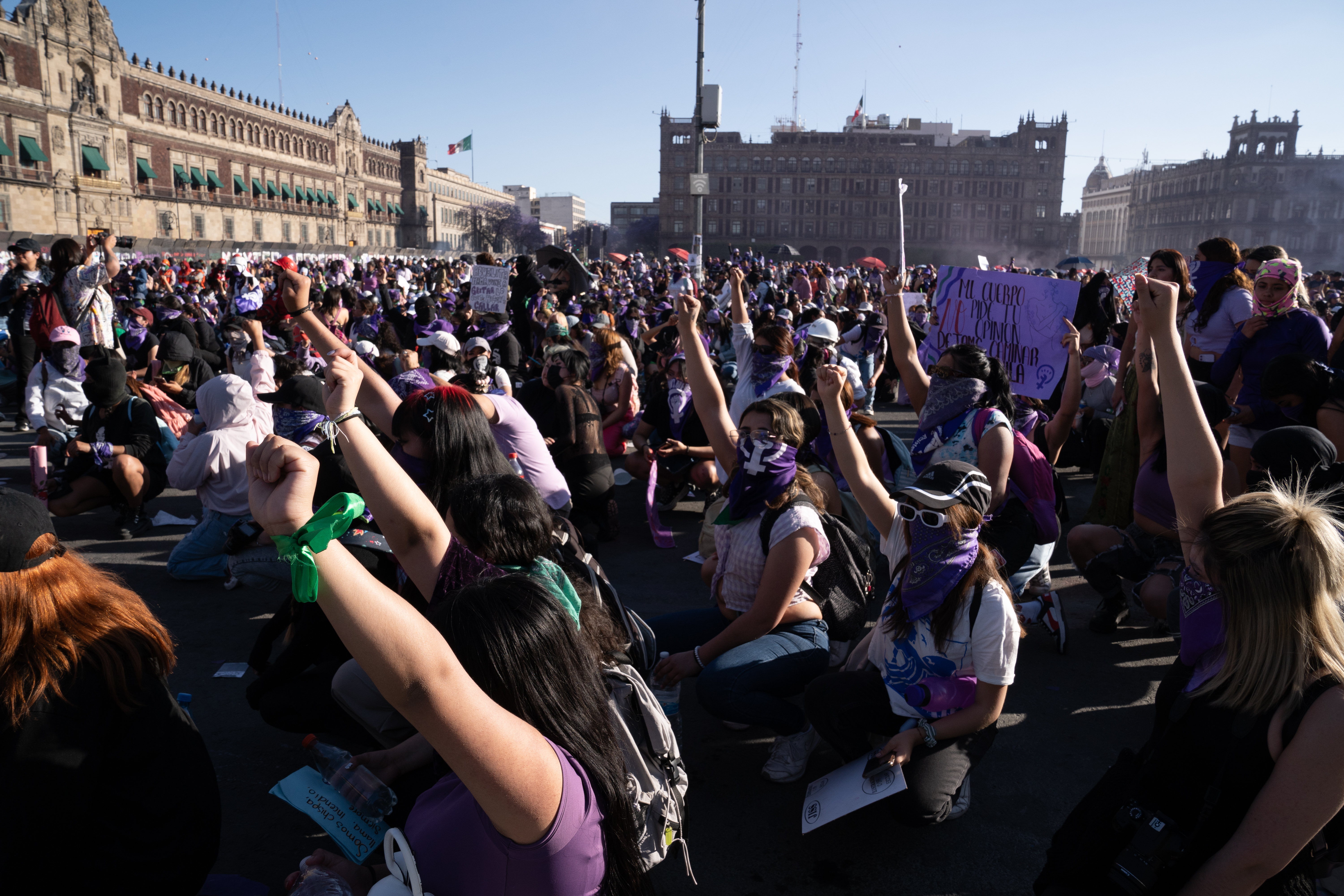 Periodically the Zocalo would fall silent as women dropped to their knees and raised a fist. This gesture was also used when a child went missing during the march — the women quickly organised themselves to quietly drop to a knee as someone shouted the child's name. The little girl was found within minutes of the search [Lexie Harrison-Cripps / Al Jazeera]