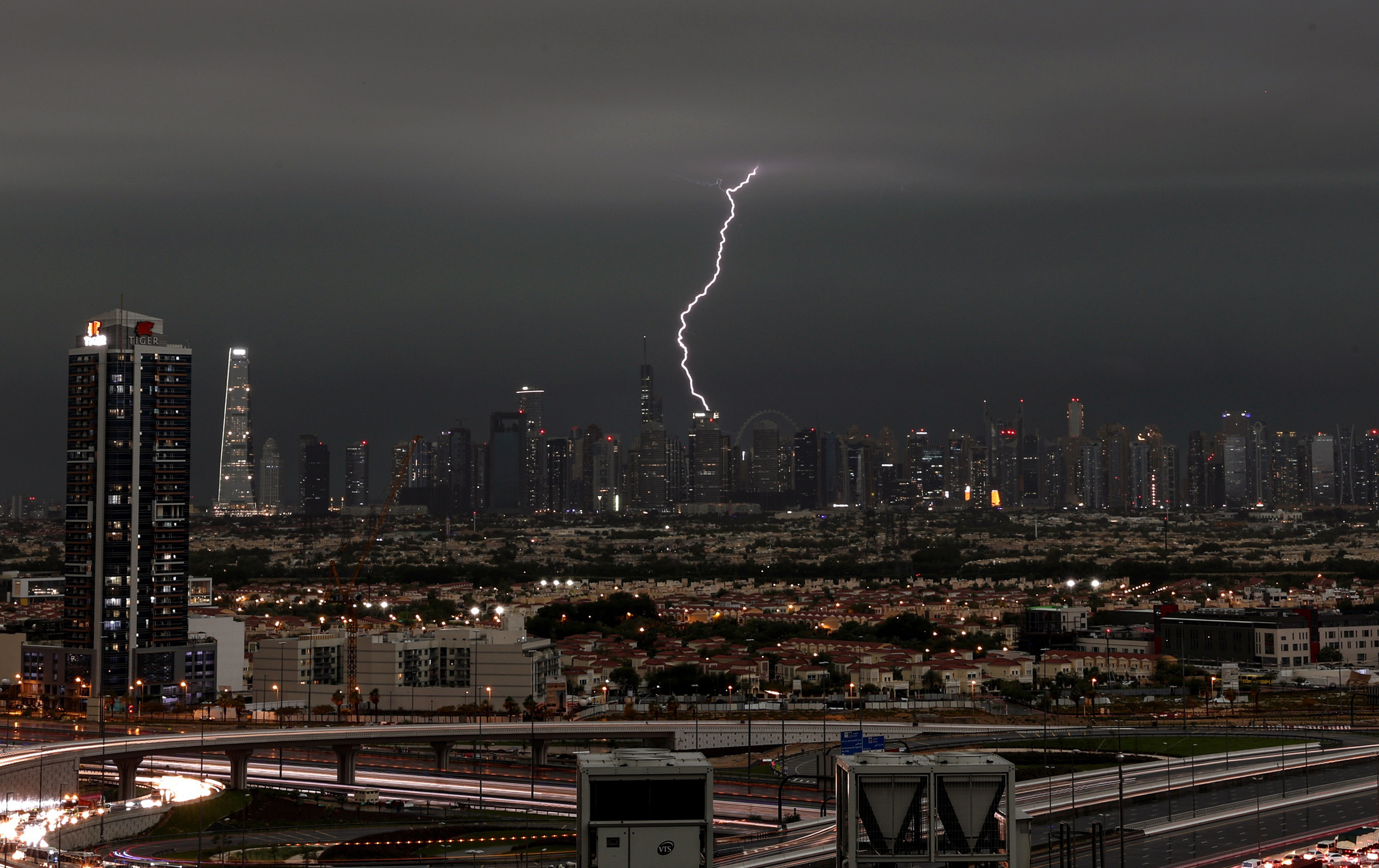 flooded street during a rain storm in Dubai,