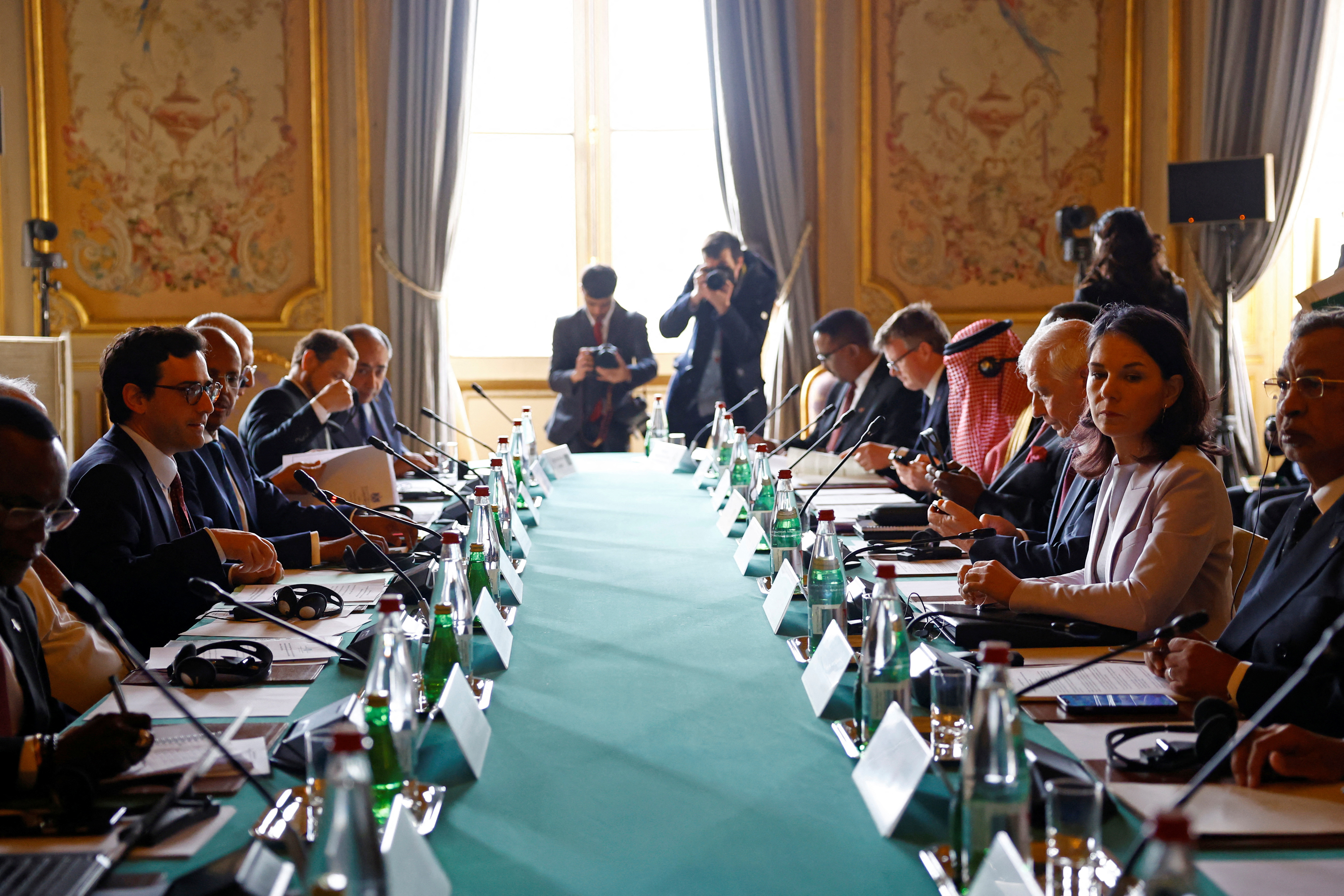 French Foreign and European Affairs Minister Stephane Sejourne European, German Foreign Minister Annalena Baerbock, Commissioner Janez Lenarcic and European Union foreign policy chief Josep Borrell attend a meeting with officials as part of an International Humanitarian Conference for Sudan and Neighbouring Countries at the Quai d'Orsay in Paris, France, April 15, 2024. 