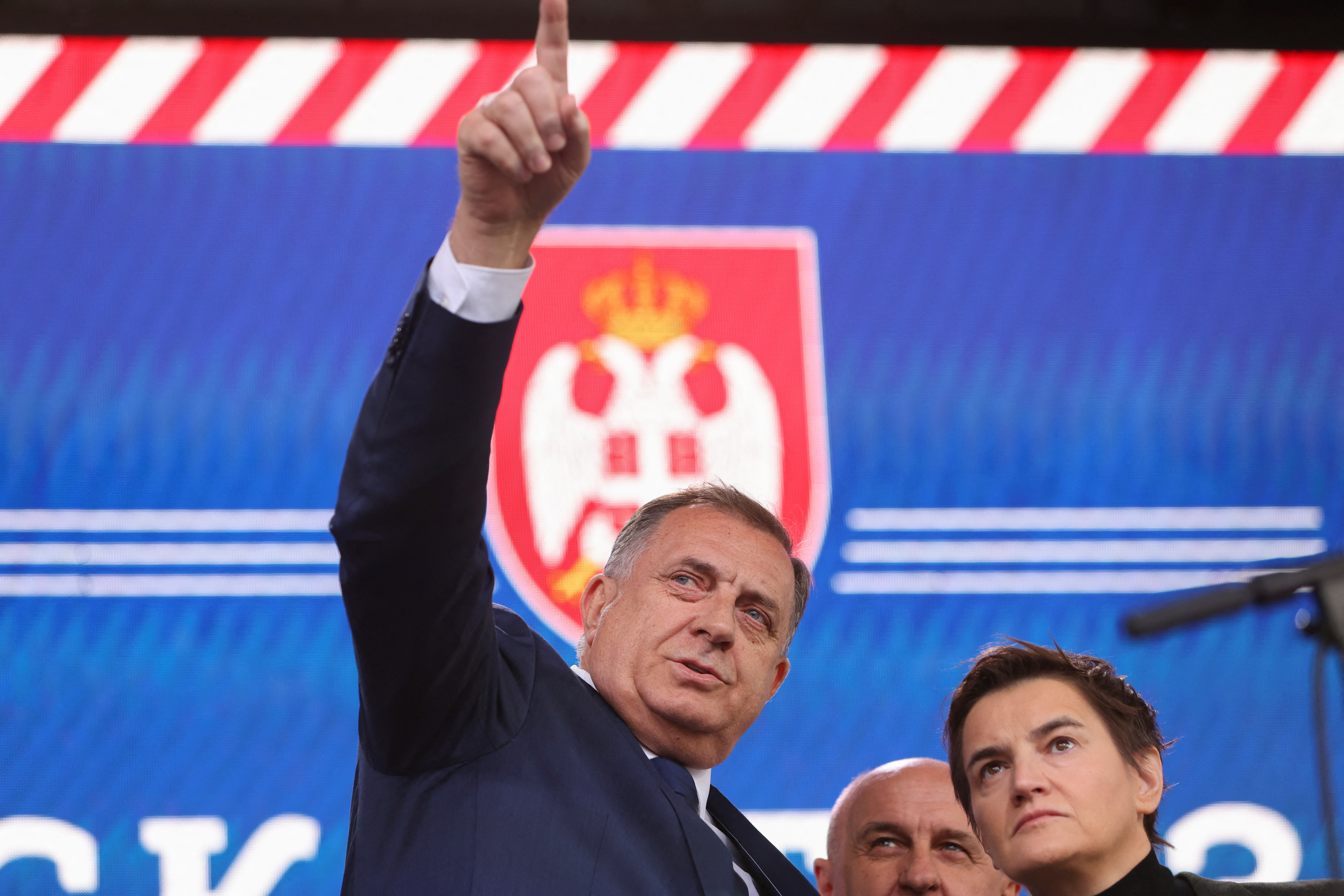President of Republika Srpska (Serb Republic) Milorad Dodik gestures as Bosnian Serbs protest against the resolution on the genocide in Srebrenica which is to be adopted by the United Nations General Assembly in early May, in Banja Luka, Bosnia and Herzegovina, April 18, 2024. REUTERS/Amel Emric