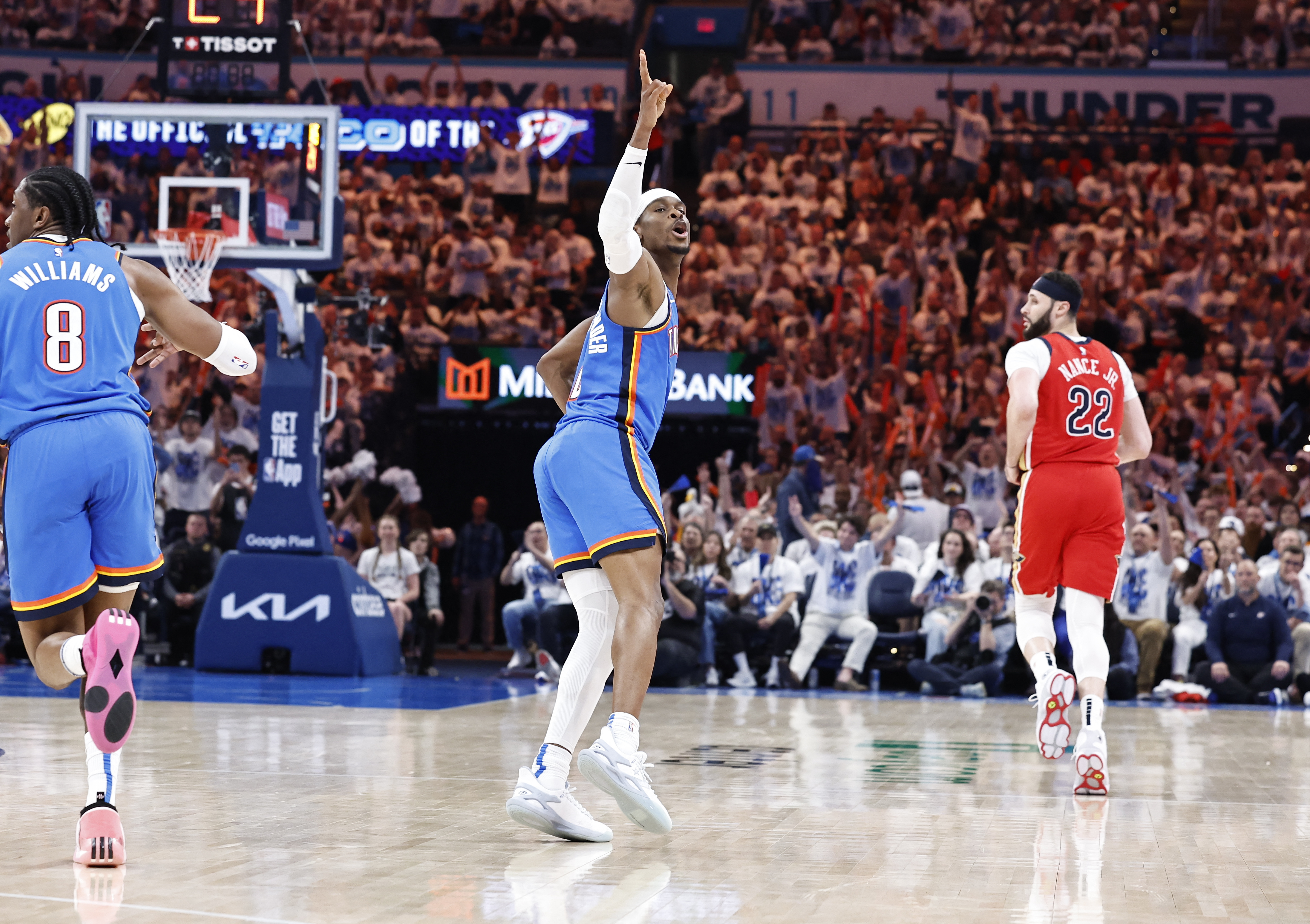 Apr 24, 2024; Oklahoma City, Oklahoma, USA; Oklahoma City Thunder guard Shai Gilgeous-Alexander (2) gestures after scoring against the New Orleans Pelicans during the second half of game two of the first round for the 2024 NBA playoffs at Paycom Center. Mandatory Credit: Alonzo Adams-USA TODAY Sports