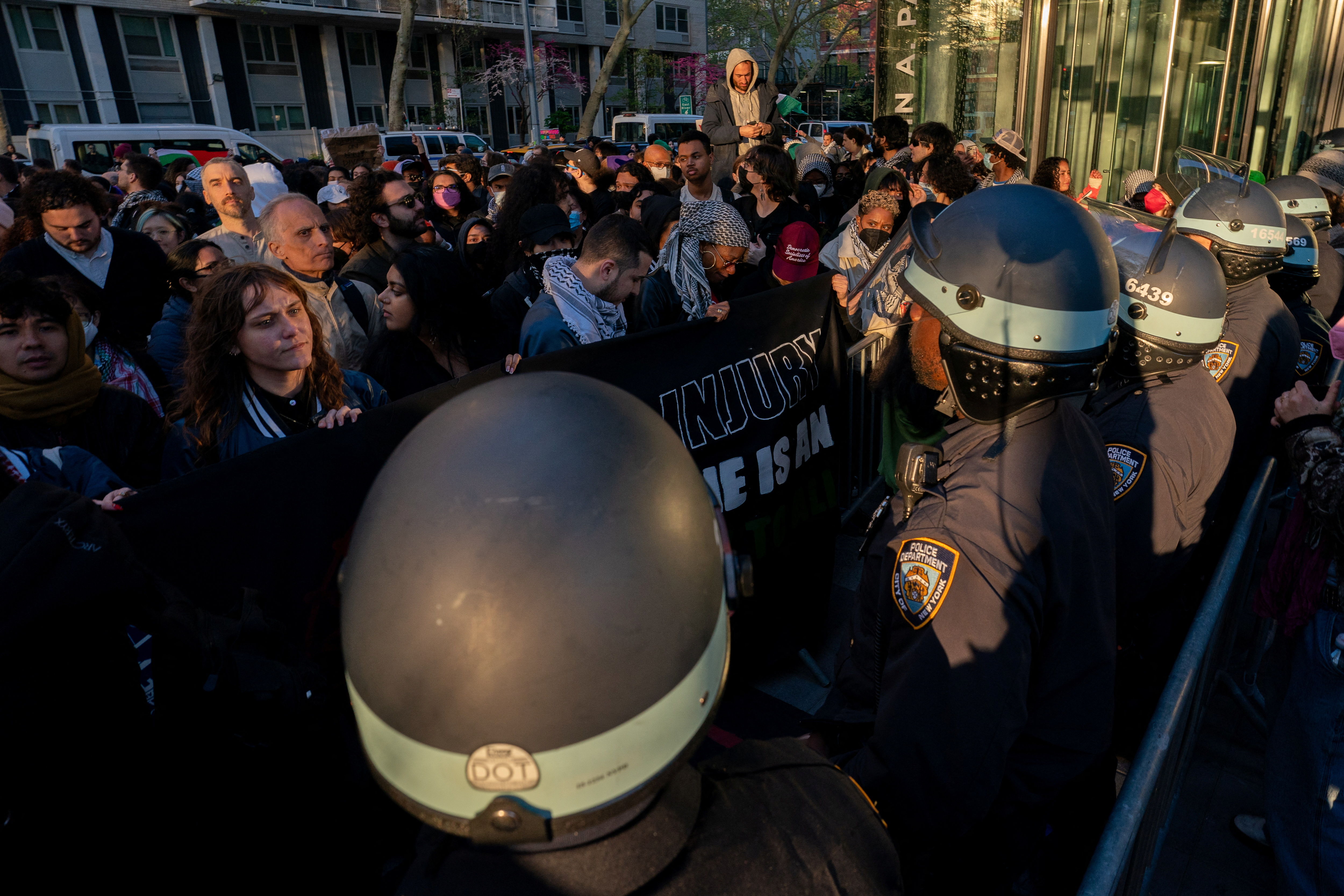 Students and Pro-Palestinian supporters occupy a plaza at New York University (NYU) campus, during the ongoing conflict between Israel and the Palestinian Islamist group Hamas, in New York City, U.S., April 26