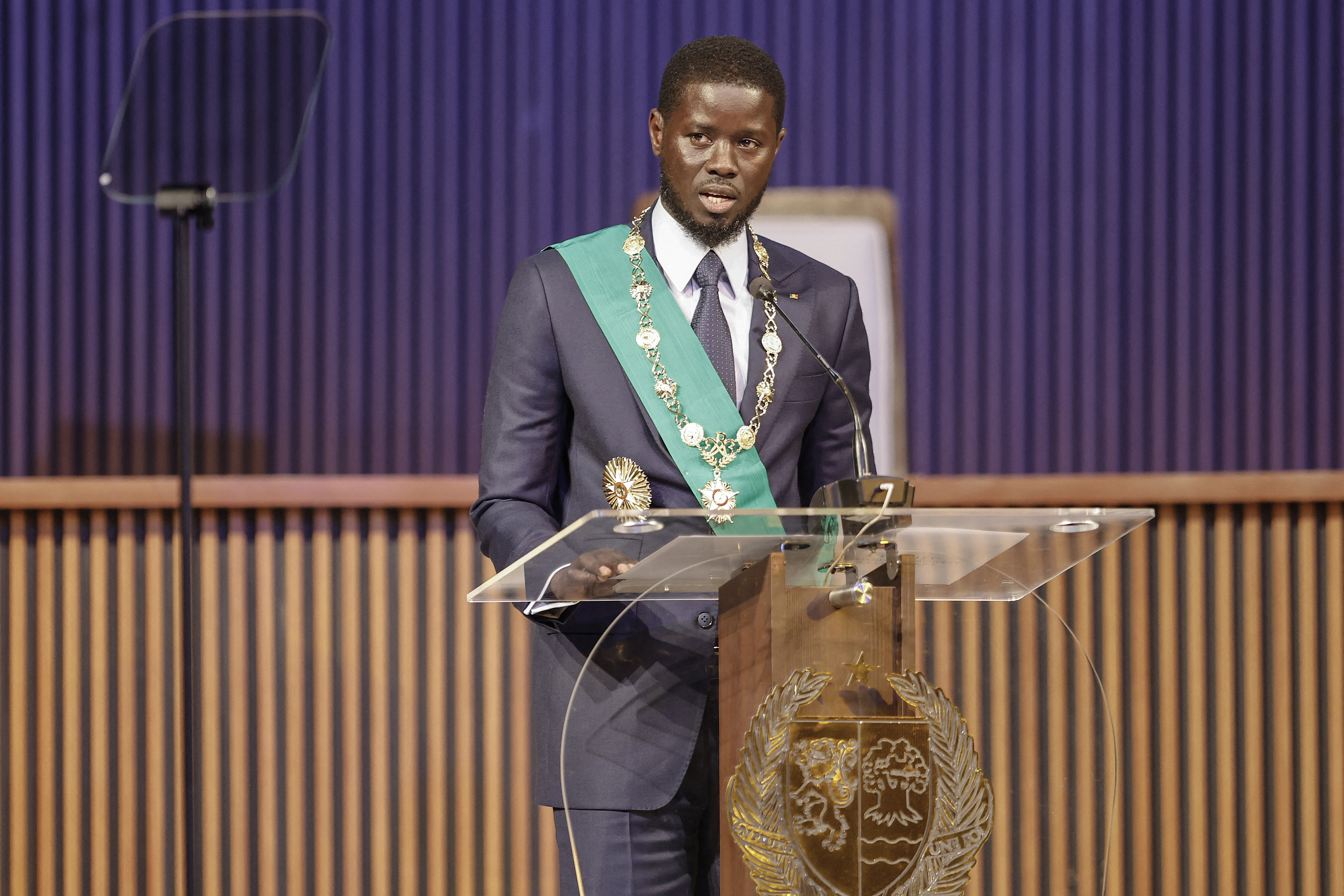 Bassirou Diomaye Faye speaks after being sworn in as Senegal's President at an exhibition centre in the new town of Diamniadio near the capital Dakar