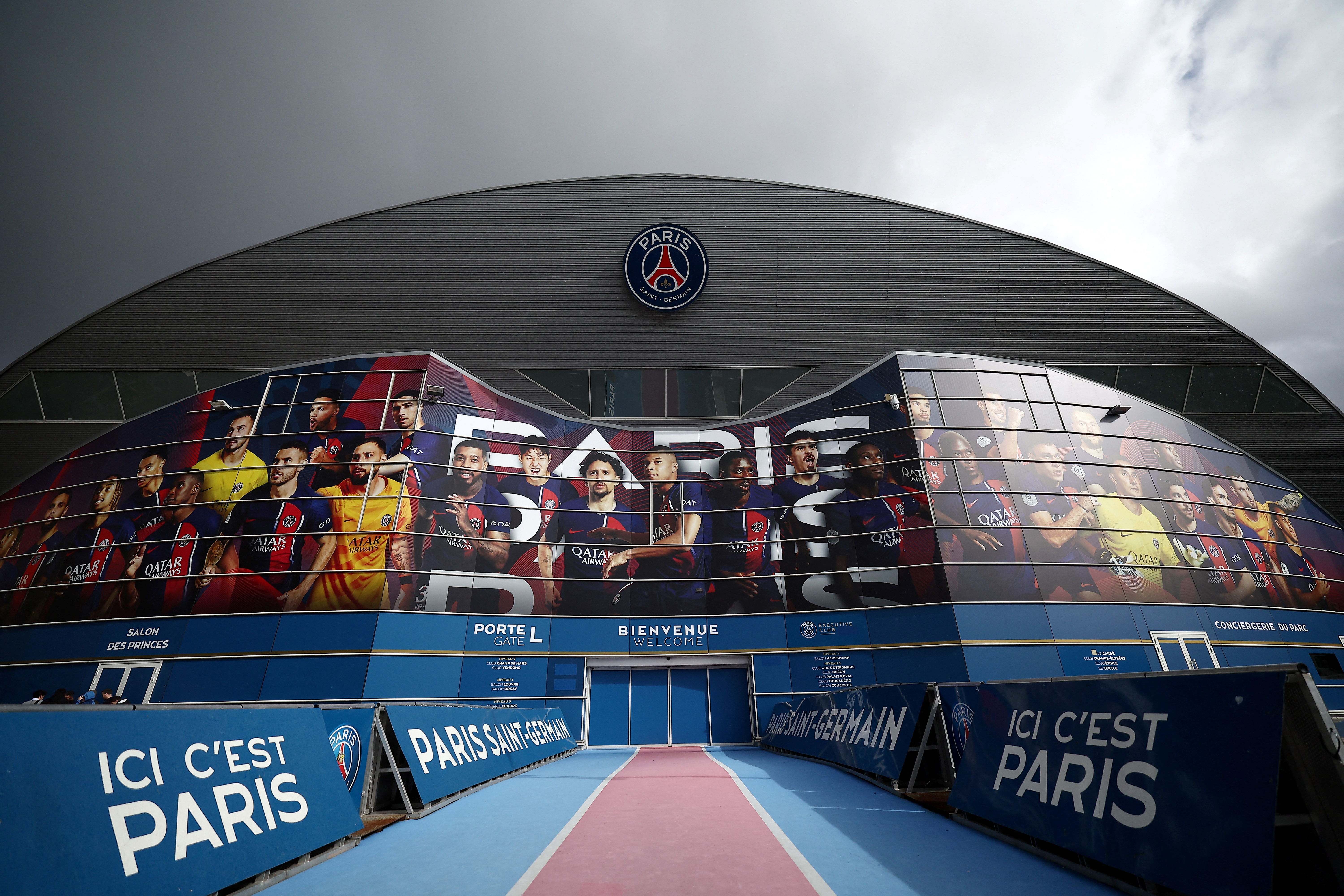 A photo shows a view of the Parc des Princes stadium in Paris