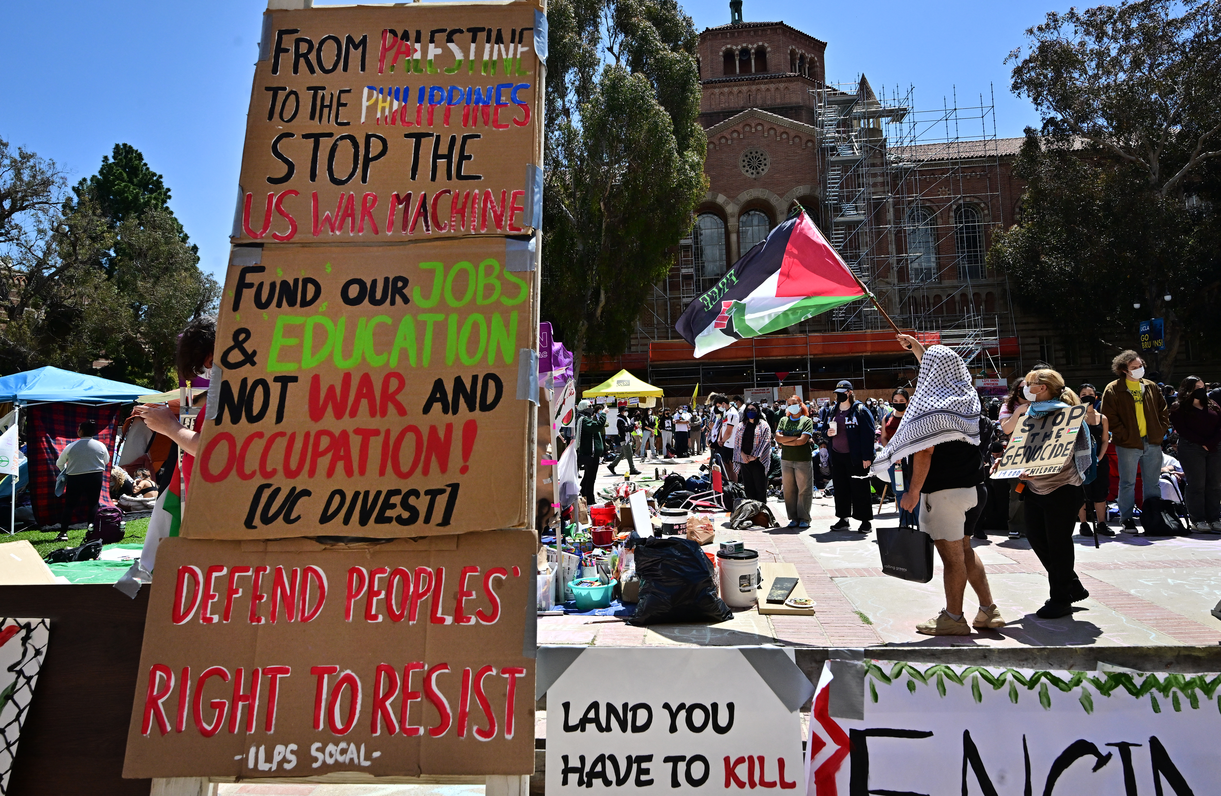 Pro-Palestinian students protest at an encampment on the campus of the University of California Los Angeles (UCLA), in Los Angeles on April 26