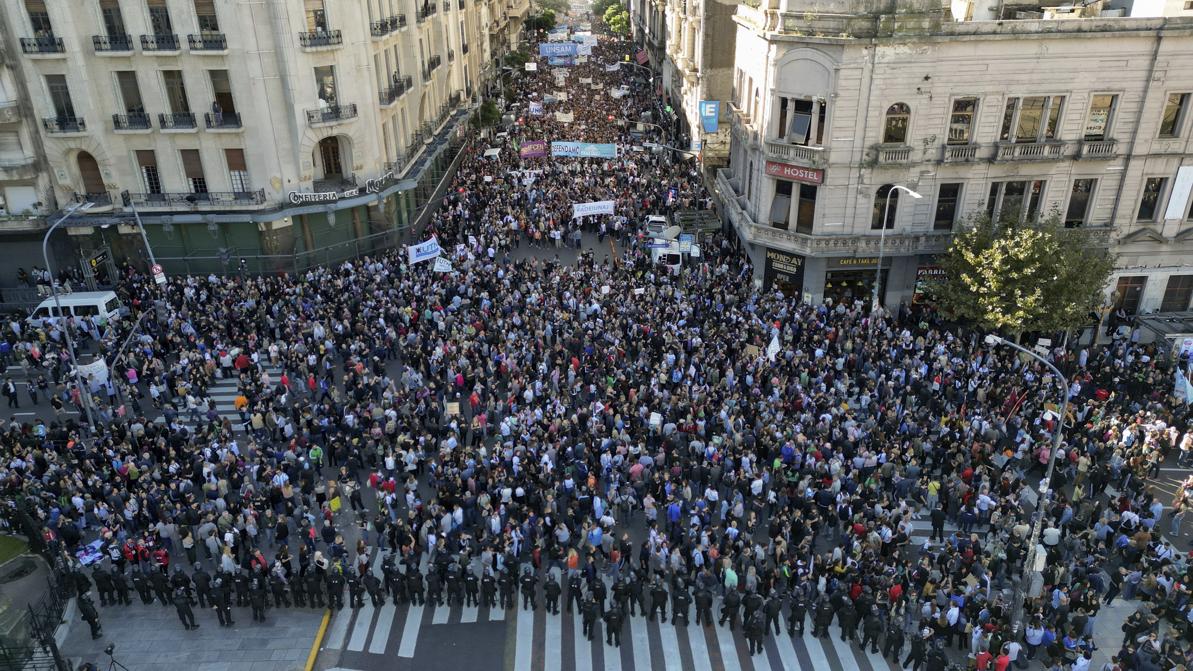 Argentine university students, unions, and social groups march to Casa Rosada government house to protest against President Javier Milei's "chainsaw" cuts on public education