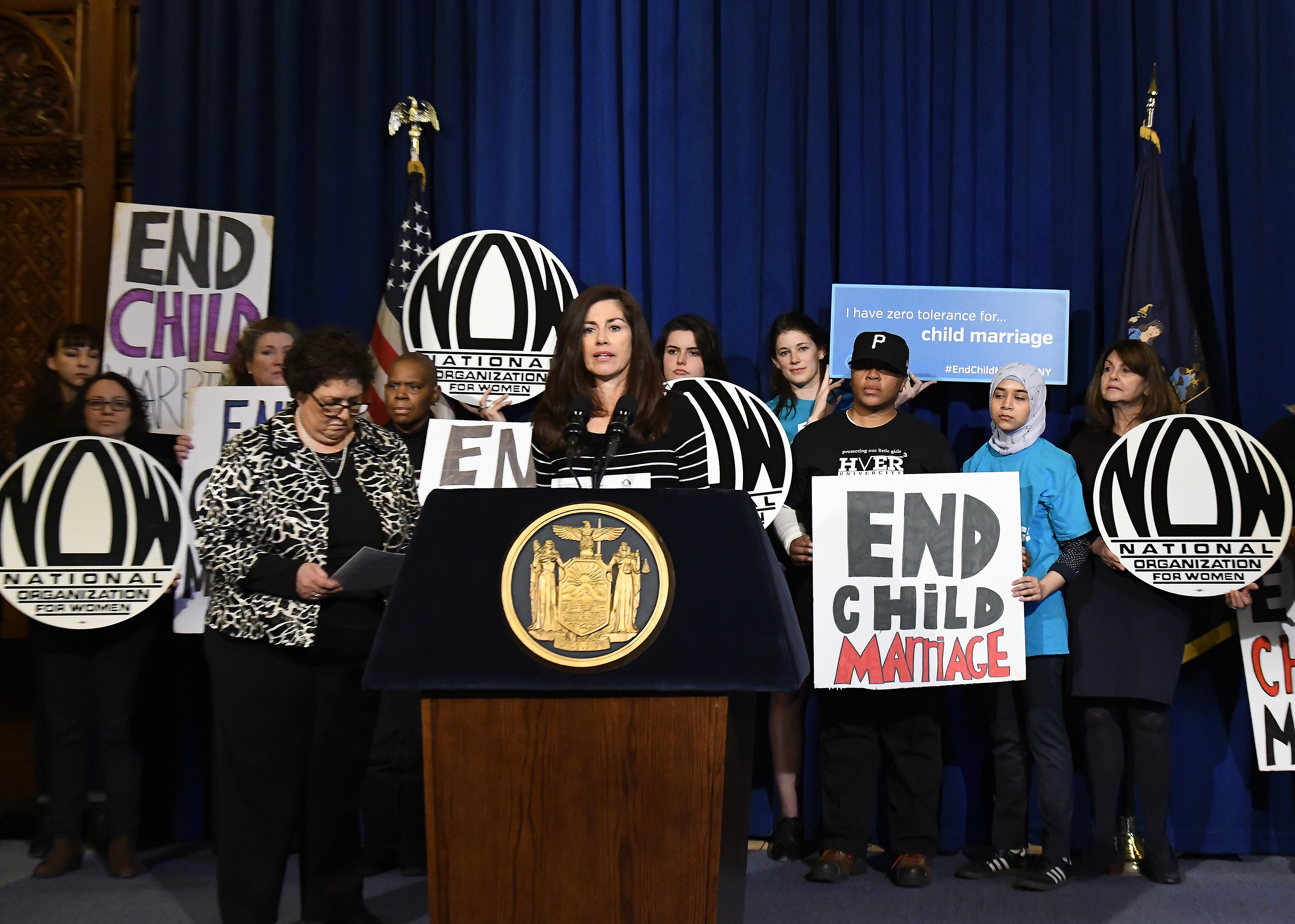Sonia Ossorio President of the New York chapter of the National Organization for women speaks in favor of Gov. Andrew Cuomo's legislation to raise the age of consent to marry from age 14 to18-years-old during a news conference at the Capitol on Wednesday, March 22, 2017, in Albany, N.Y. (AP Photo/Hans Pennink)