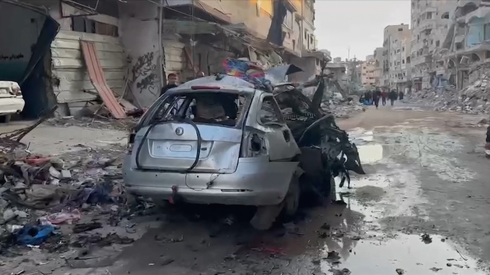 The car in which three sons of Hamas leader Ismail Haniyeh were reportedly killed in an Israeli air strike is pictured in Gaza's al-Shati refugee camp
