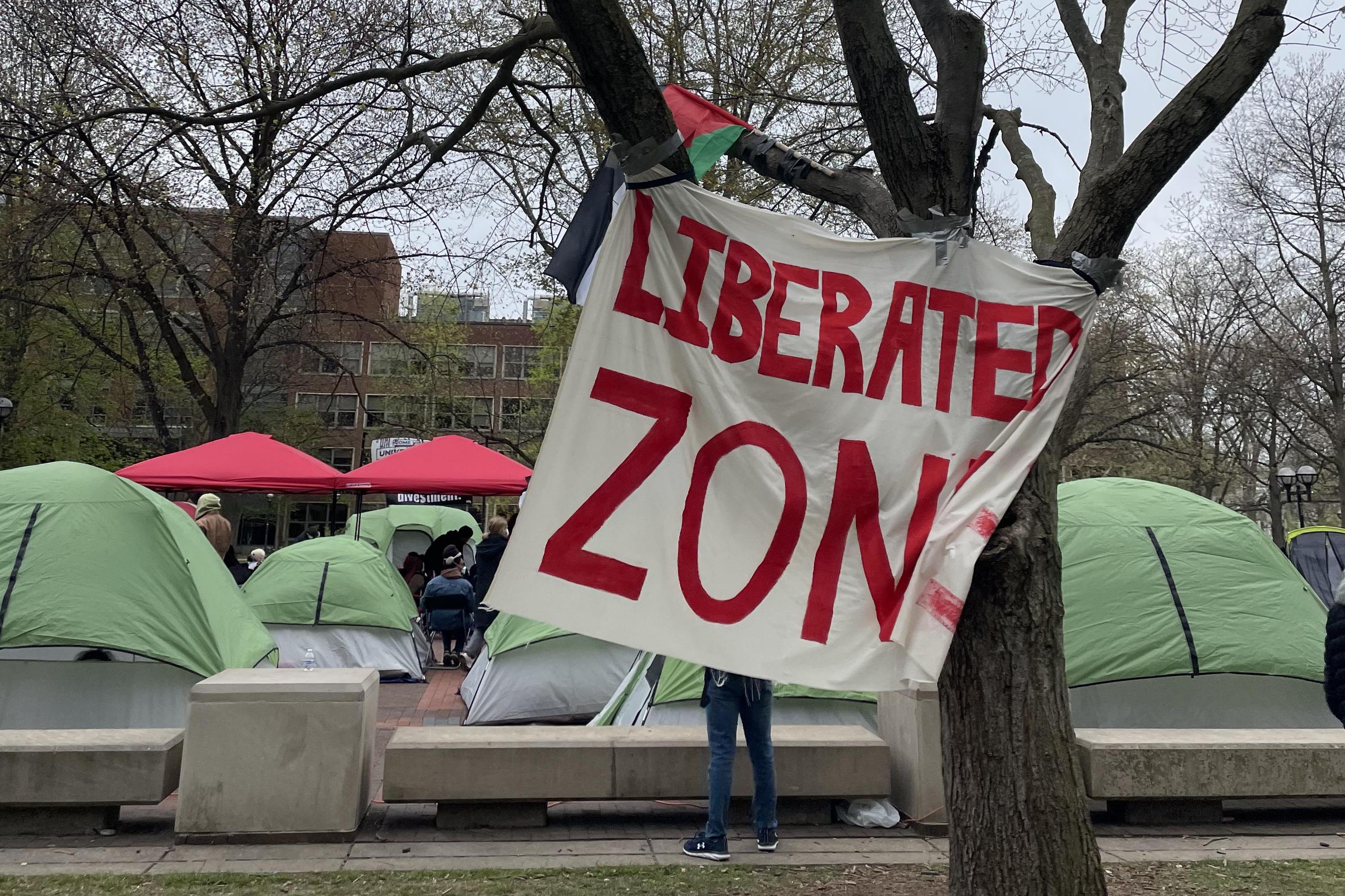 A photo of a poster hung on a tree that says Liberated Zone, with tents in the background