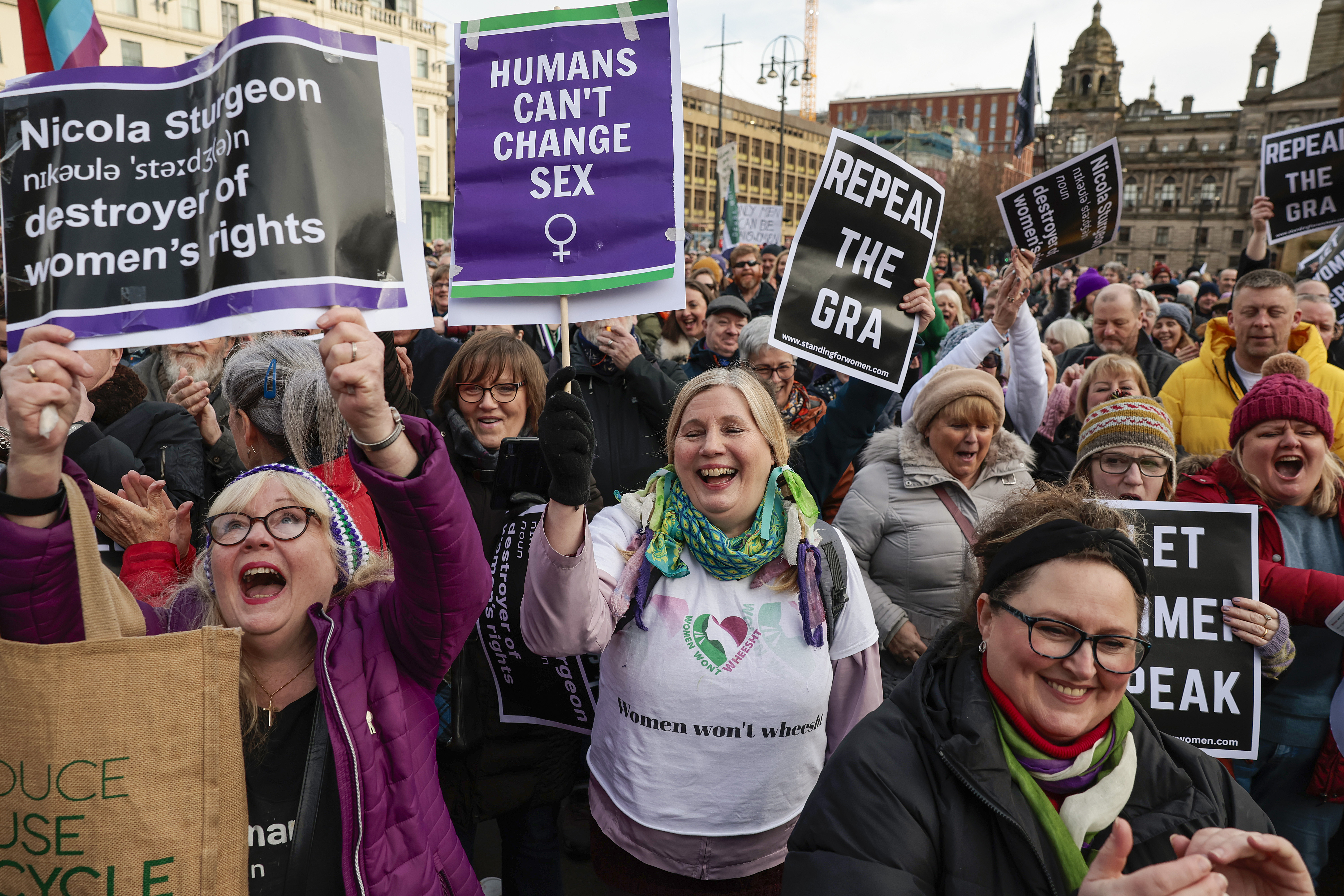 Members of the public attend a Standing for Women protest on February 05, 2023 in Glasgow, Scotland [Jeff J Mitchell/Getty Images]