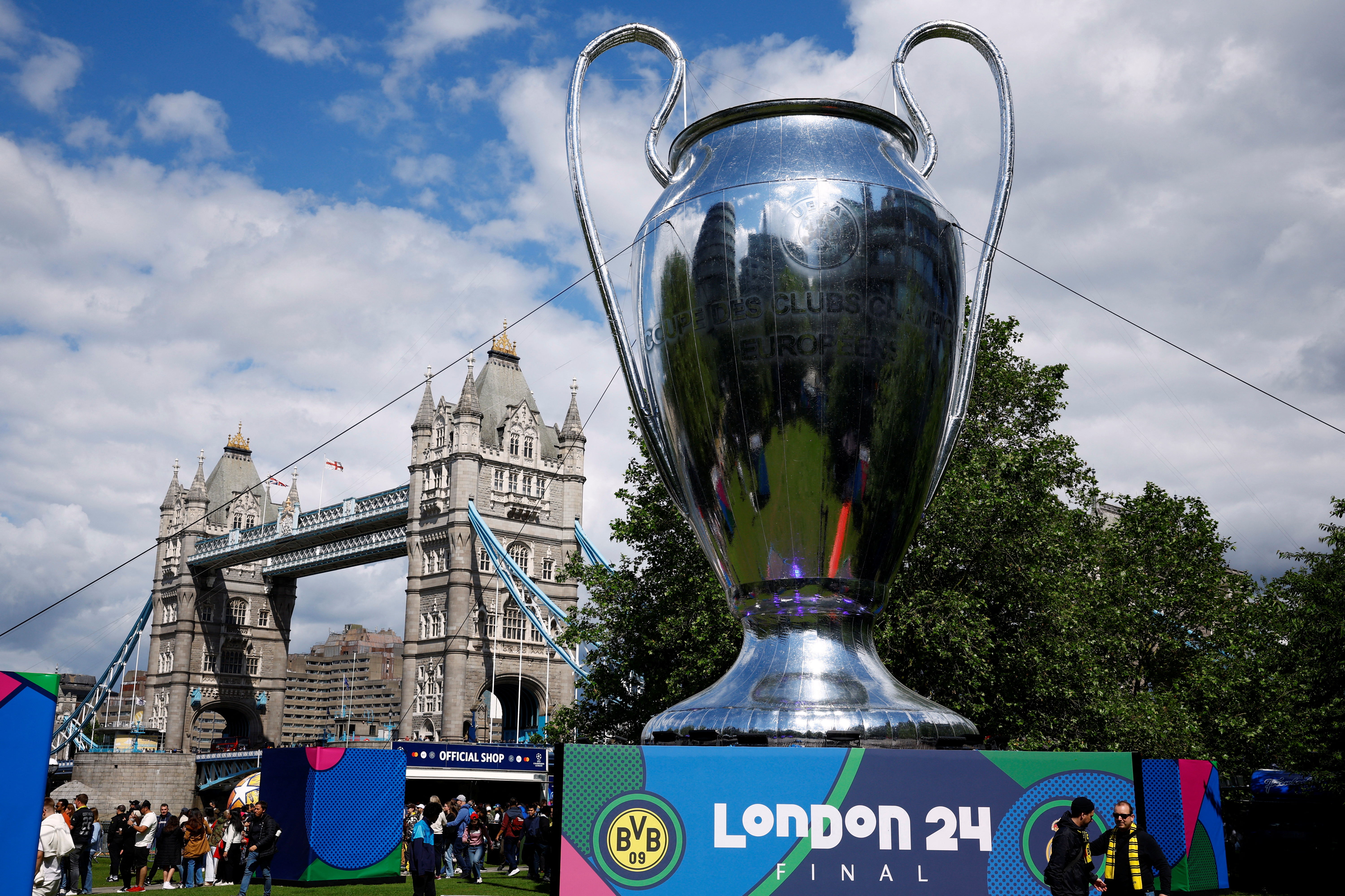 A giant replica of the Champions League trophy is seen near Tower Bridge, London