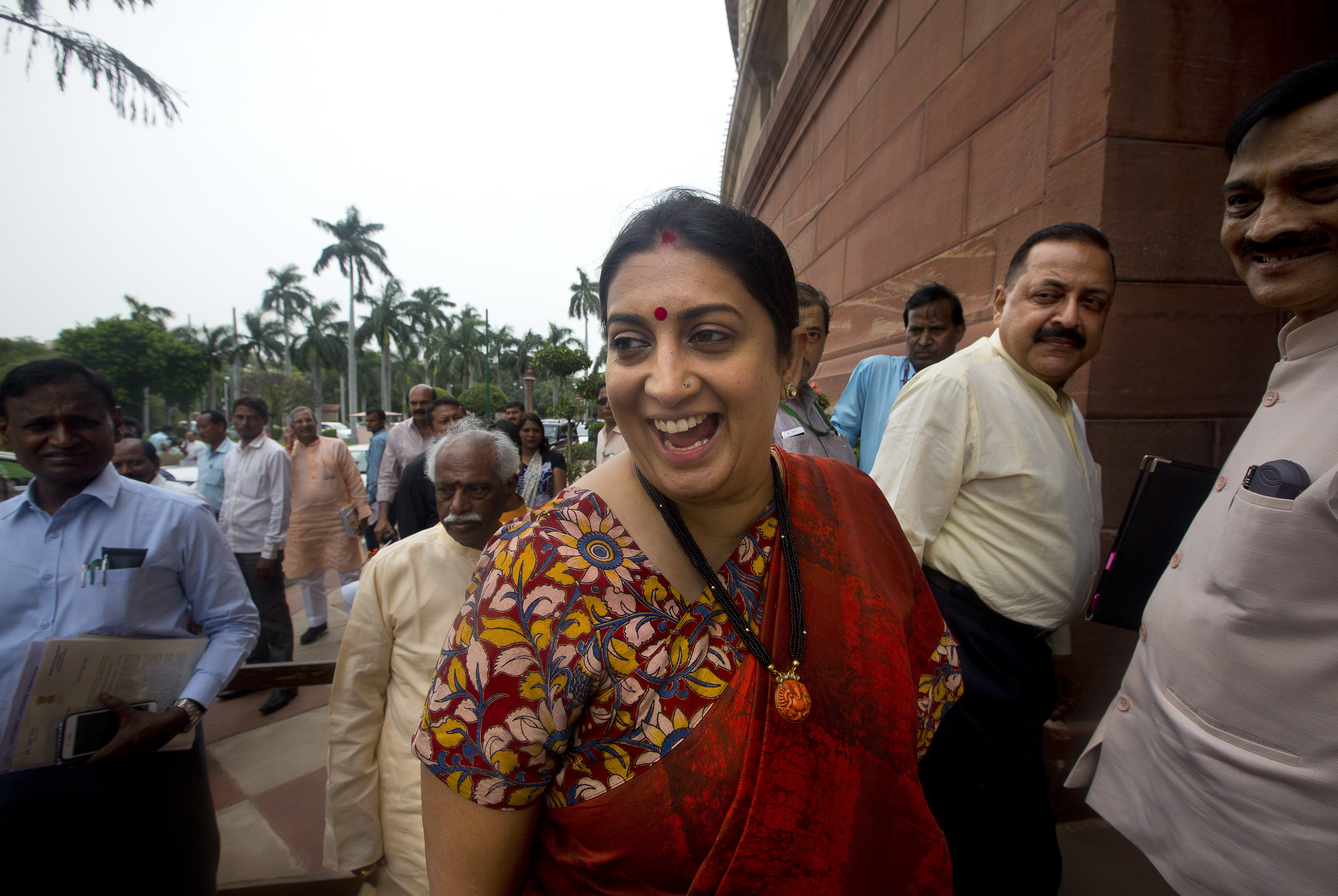 BJP leader Smriti Irani at the parliament house in New Delhi, August 10, 2017