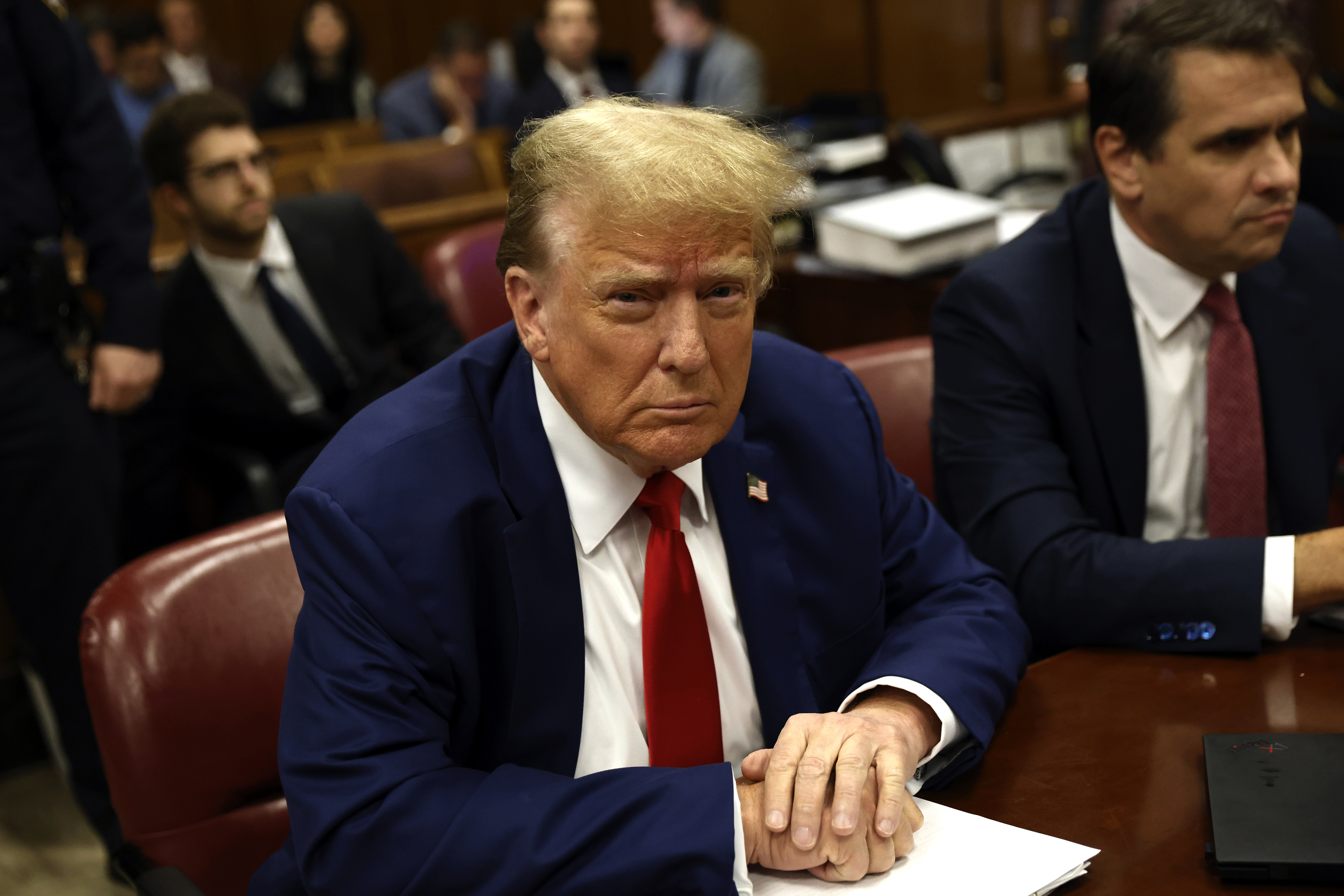 Donald Trump awaits the start of a hearing in his hush money trial in New York on May 6