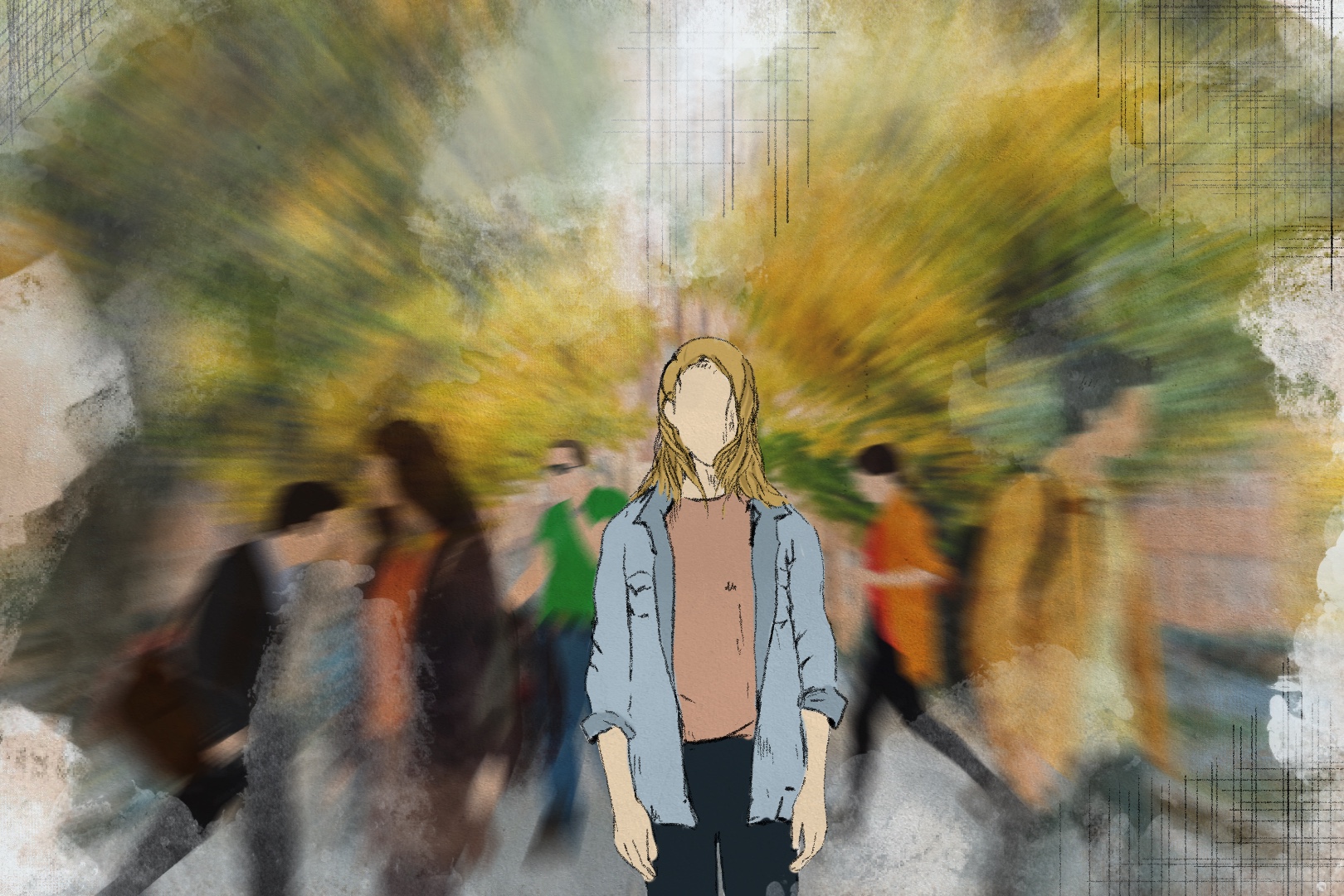 An illustration depicts a woman with long fair hair standing still as people pass by her.