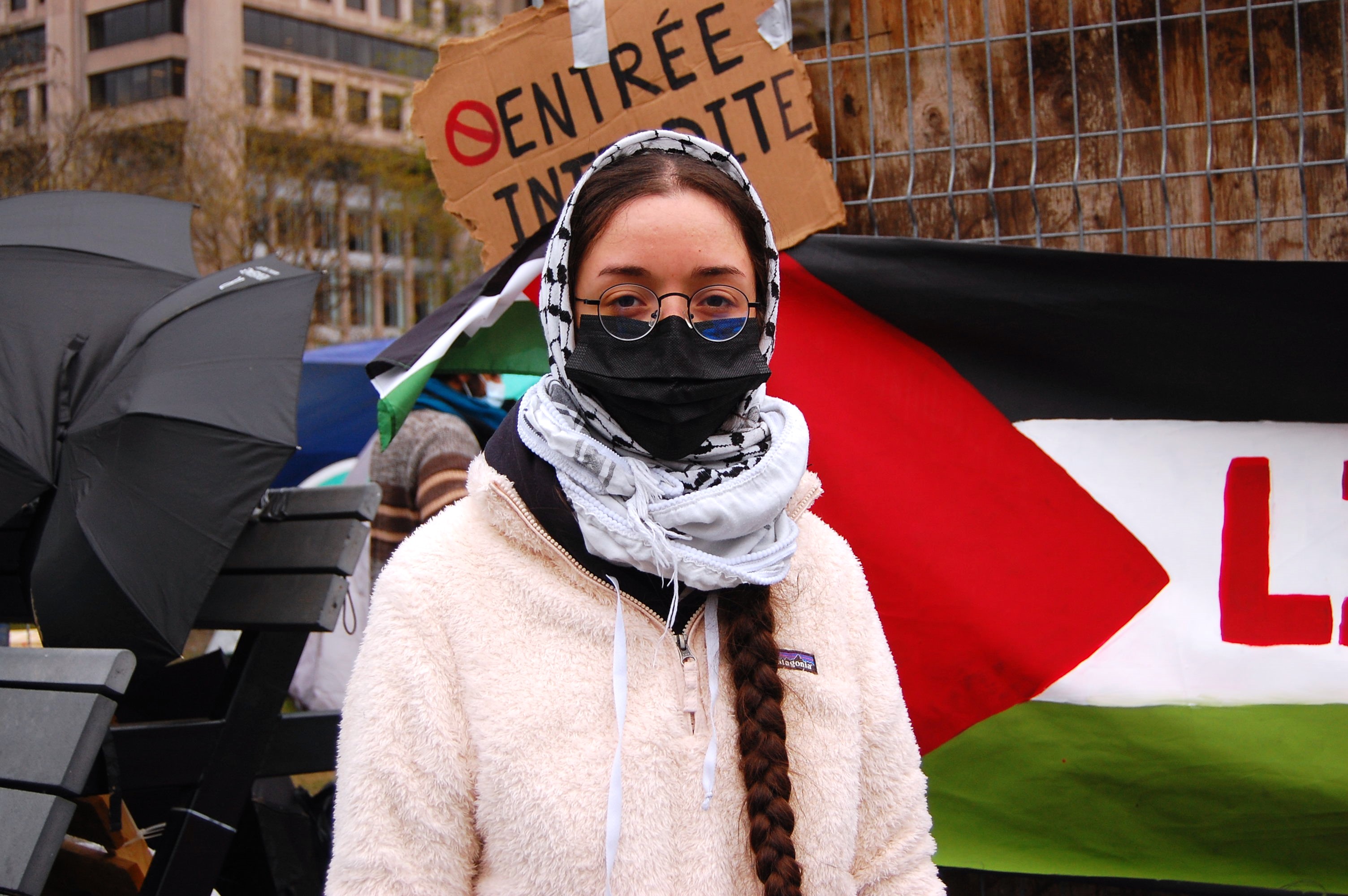 Farrah, a McGill University student, stands at a Gaza protest encampment on the campus in Montreal, Quebec, Canada, April 30, 2024