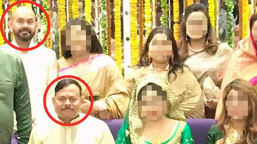 Haris Ahmed, top, wanted by Bangladesh police, shown with General Aziz Ahmed, bottom, at the Dhaka wedding for General Aziz’ son in 2019.
