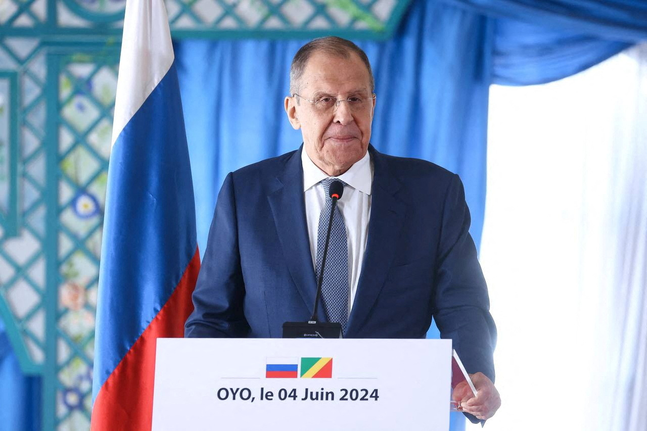 Russian Foreign Minister Sergei Lavrov attends a joint press conference with Foreign Minister of the Republic of Congo Jean-Claude Gakosso in Oyo