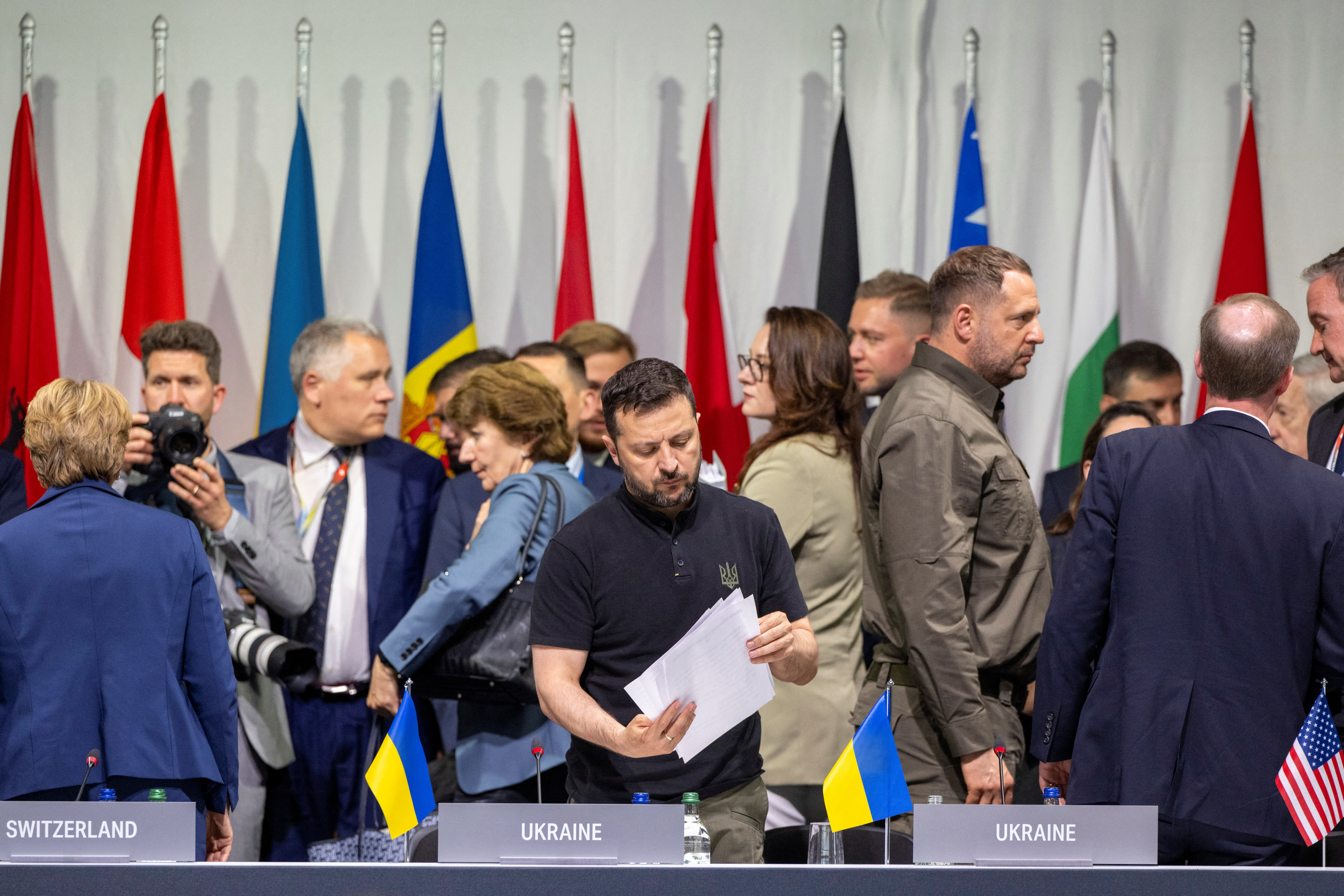 President Volodymyr Zelenskyy of Ukraine is seen during the Summit on Peace in Ukraine, in Stansstad, Switzerland, June 16, 2024 [Urs Flueeler/Reuters]