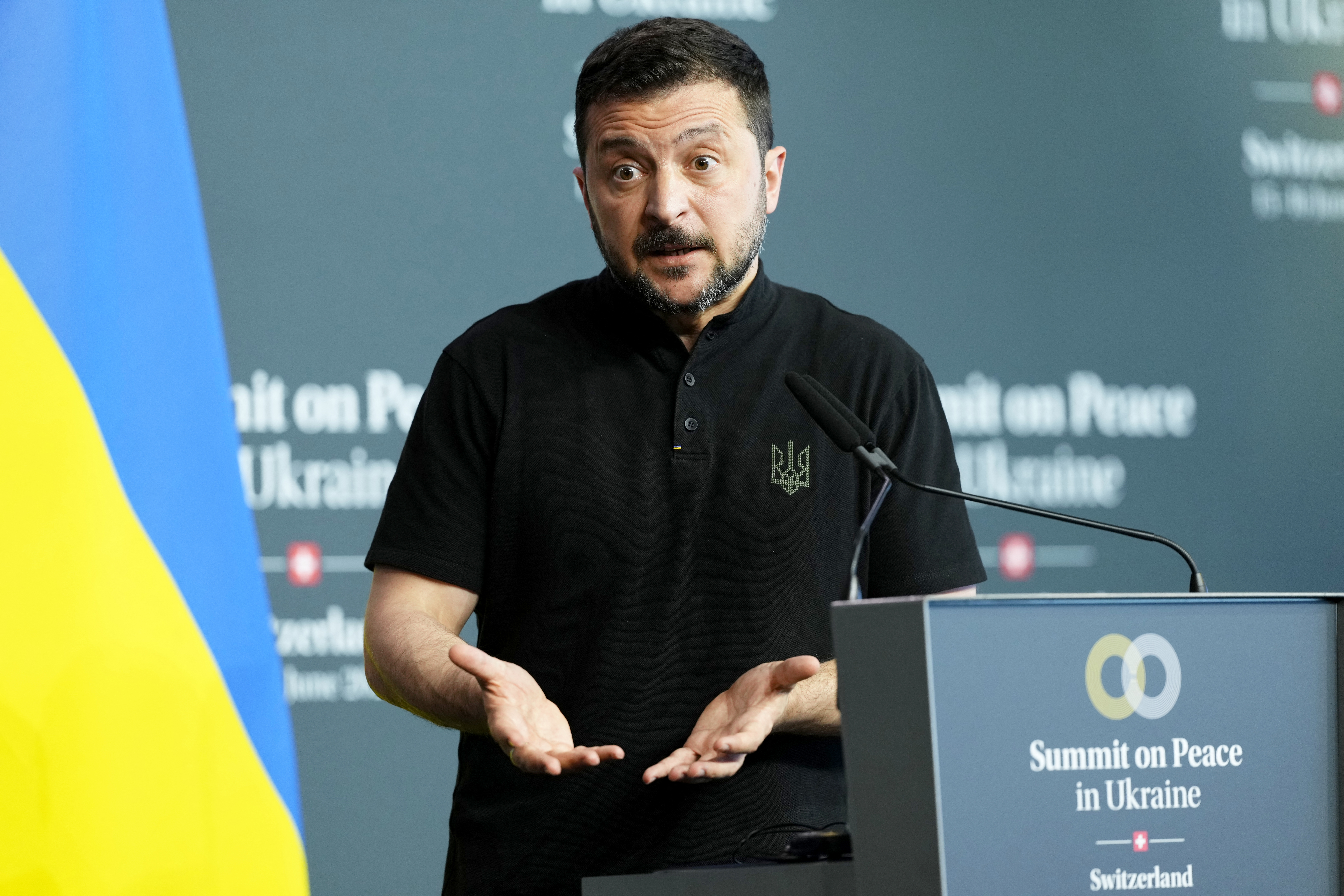 Ukraine's President Volodymyr Zelensky addresses Ukraine's closing press conference of the Summit on peace in Ukraine, at the luxury Burgenstock resort