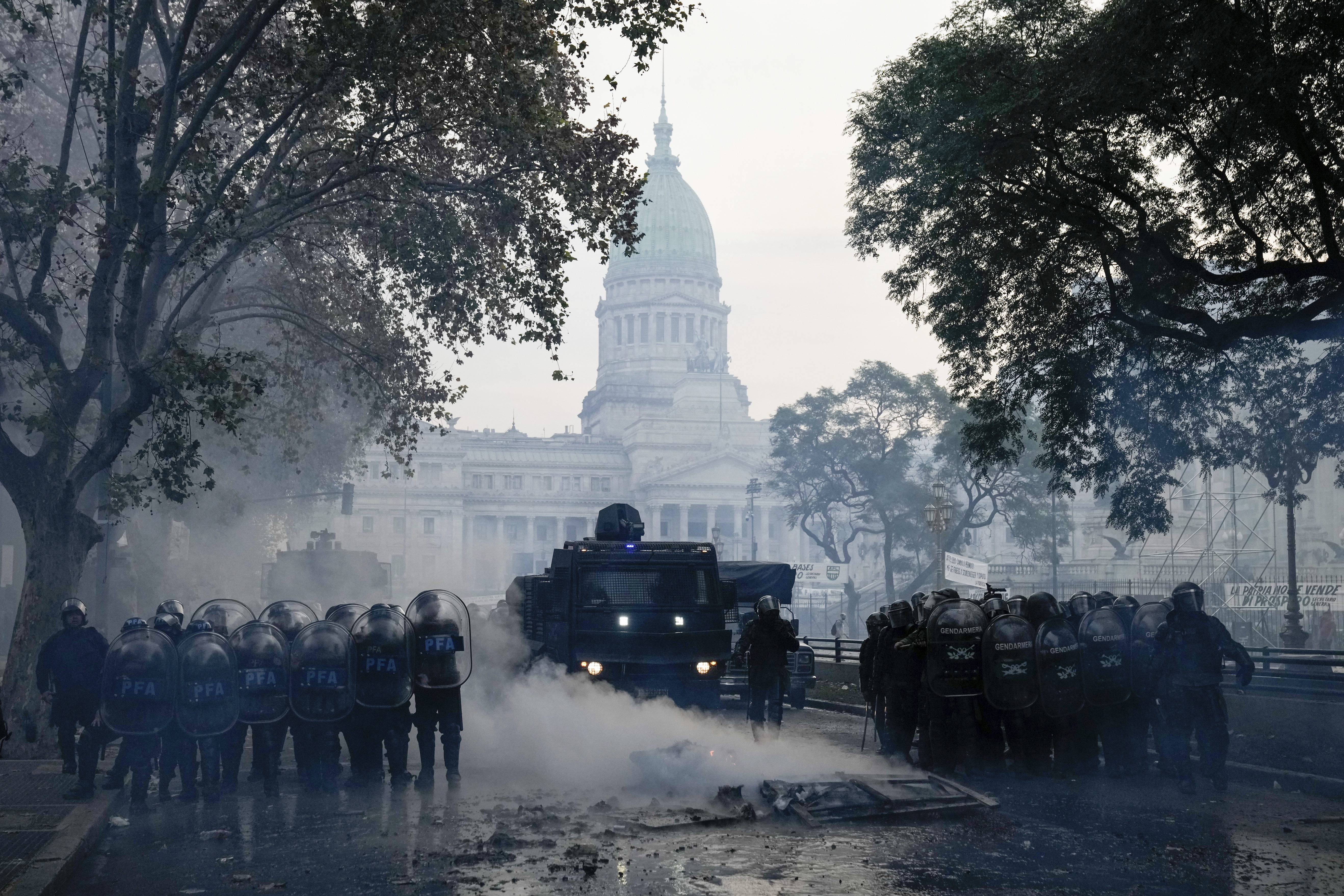 A view of police lined up in front of Argentina's Congress building.