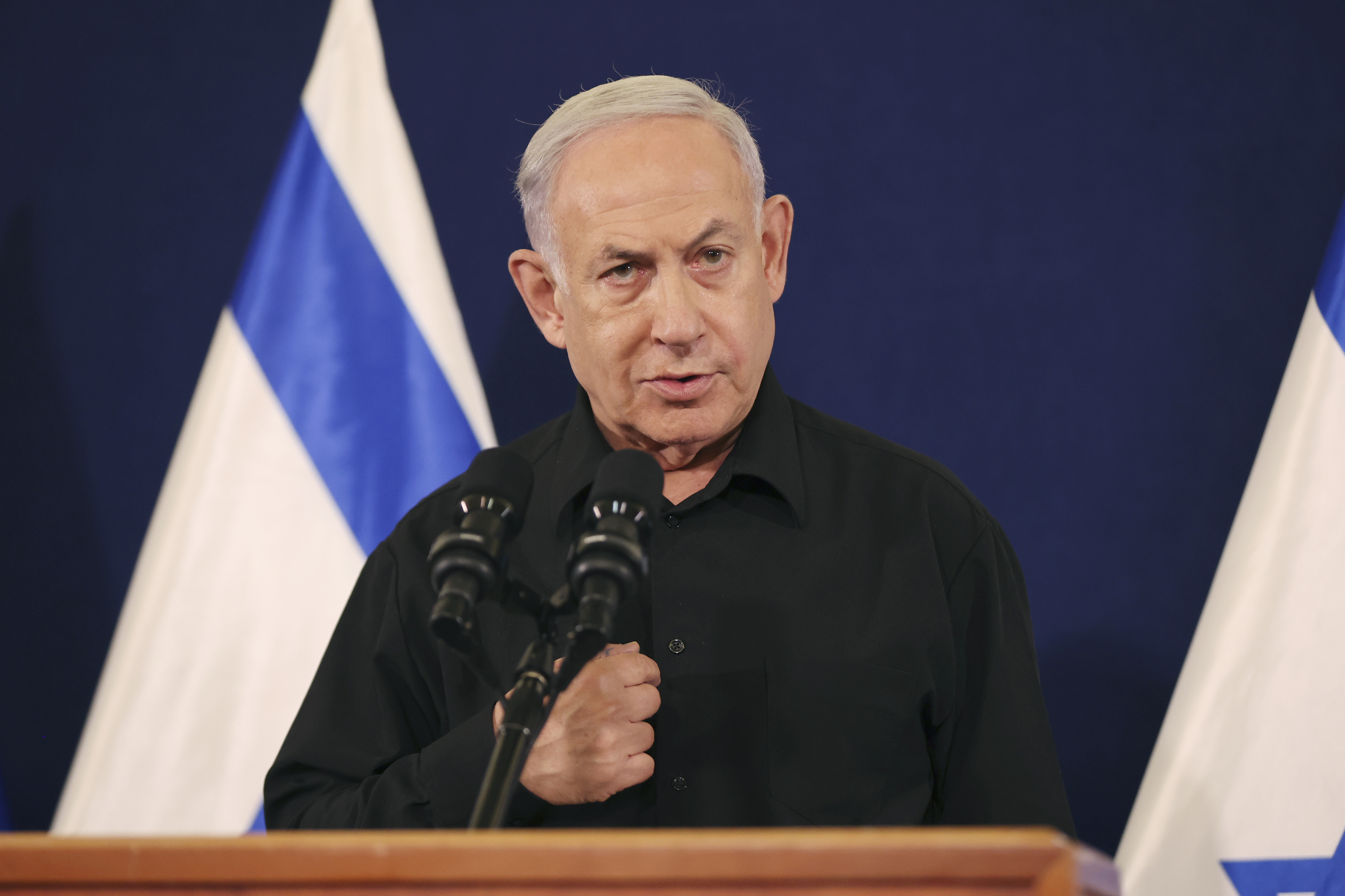 Israeli Prime Minister Benjamin Netanyahu speaks during a news conference in the Kirya military base in Tel Aviv, Israel, on Oct. 28