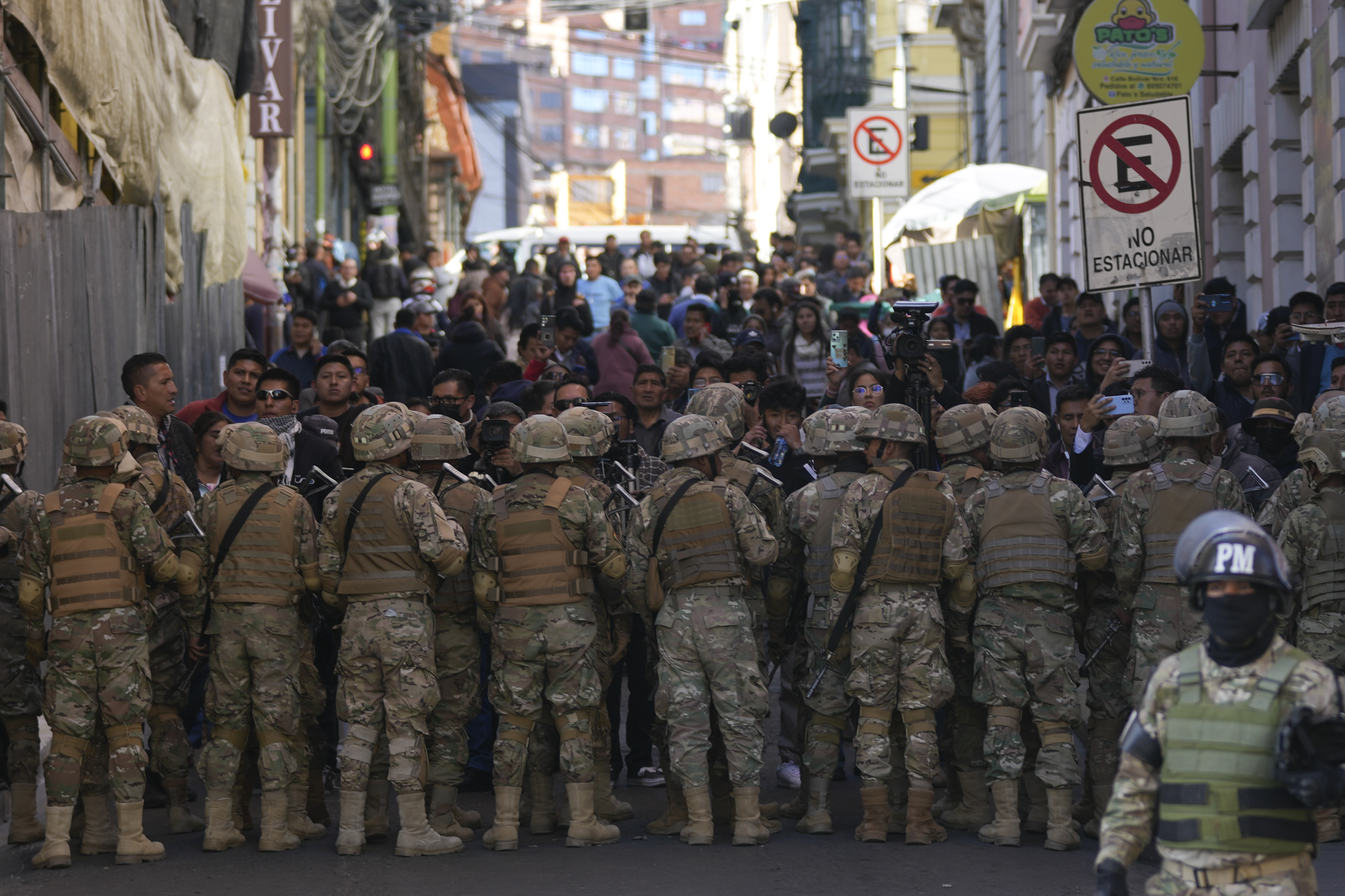 Military police block entry to Plaza Murillo in La Paz, Bolivia