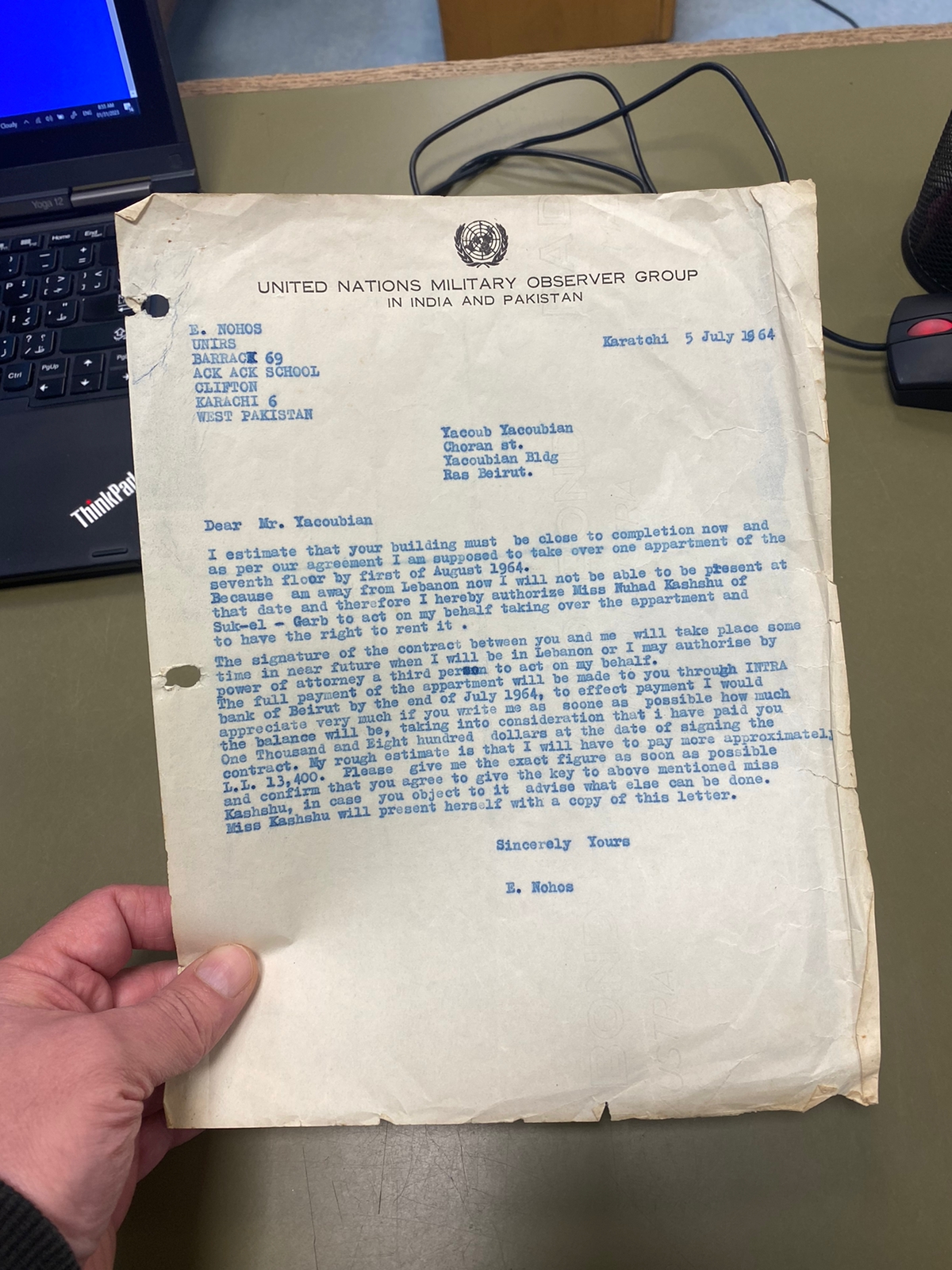 the Yacoubian building, Beirut Lebanon, UN letter from Nohos who worked for the UN observers in India and Pakistan