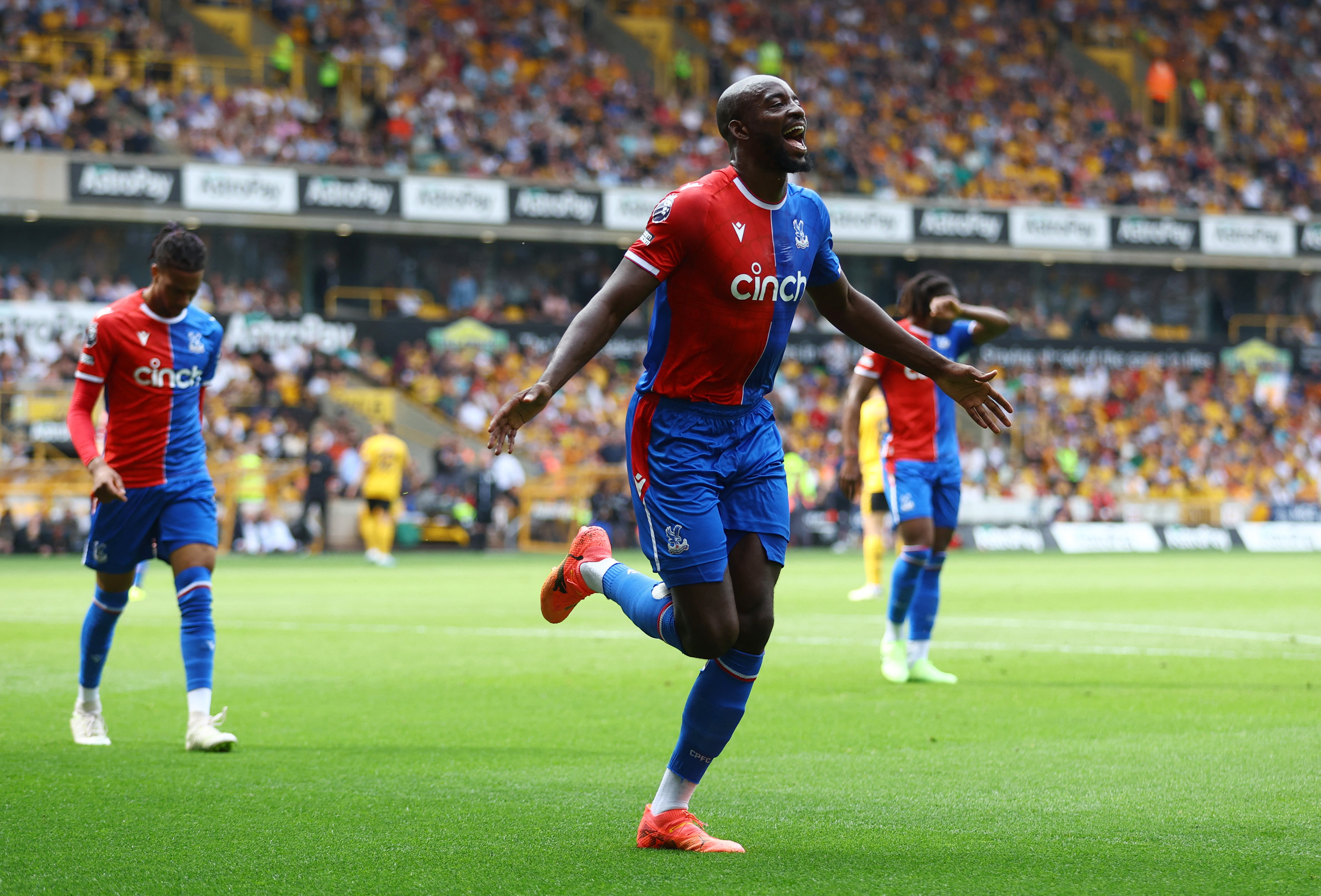 Soccer Football - Premier League - Wolverhampton Wanderers v Crystal Palace - Molineux Stadium, Wolverhampton, Britain - May 11, 2024 Crystal Palace's Jean-Philippe Mateta celebrates scoring their second goal REUTERS/Carl Recine EDITORIAL USE ONLY. NO USE WITH UNAUTHORIZED AUDIO, VIDEO, DATA, FIXTURE LISTS, CLUB/LEAGUE LOGOS OR 'LIVE' SERVICES. ONLINE IN-MATCH USE LIMITED TO 120 IMAGES, NO VIDEO EMULATION. NO USE IN BETTING, GAMES OR SINGLE CLUB/LEAGUE/PLAYER PUBLICATIONS. PLEASE CONTACT YOUR ACCOUNT REPRESENTATIVE FOR FURTHER DETAILS..